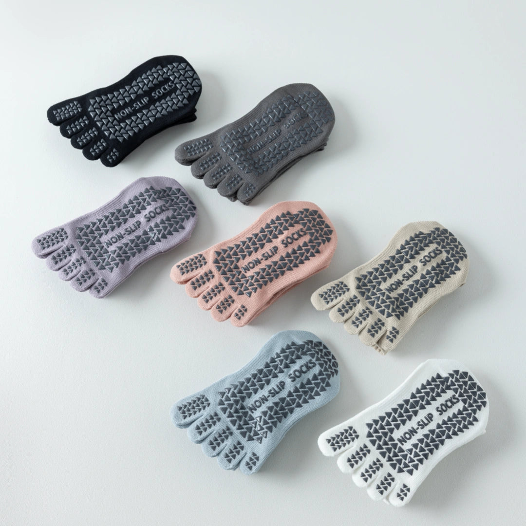 Women's Five-Toe Yoga Crew Socks - detail photo showing secure grip comfort