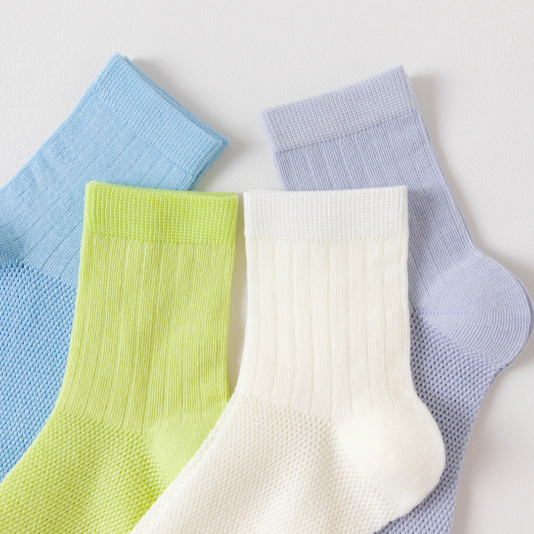 Kids' 99% Cotton Ultra-Soft Mesh Crew Socks (4-Pack) - sock set showing breathable mesh comfort