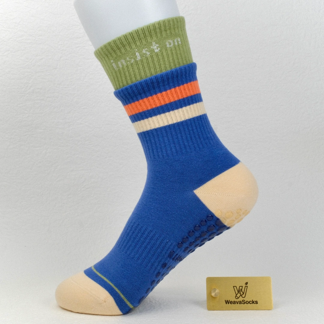 Women's Retro Striped Non-Slip Yoga & Pilates Crew Socks - product photo showing secure grip comfort