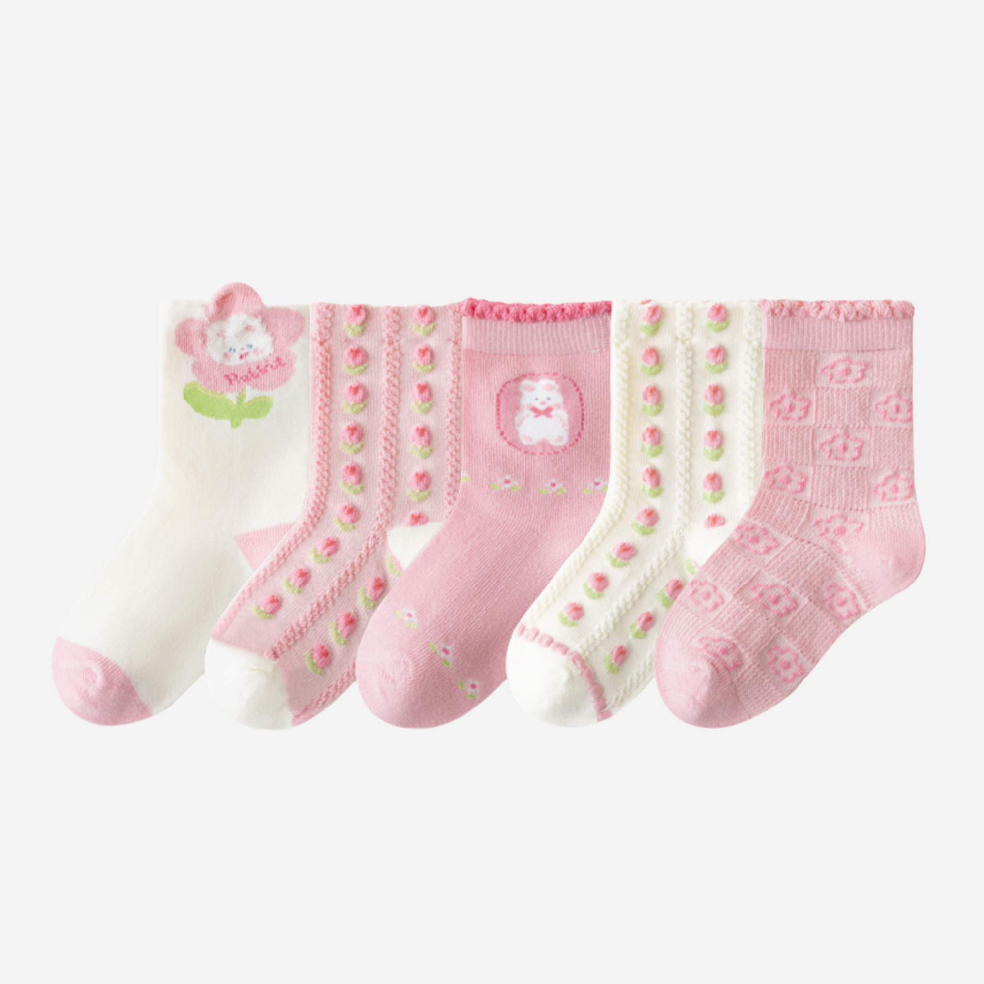 Kid's Girls' Dainty Floral & Bear Crew Socks - 5 Pairs