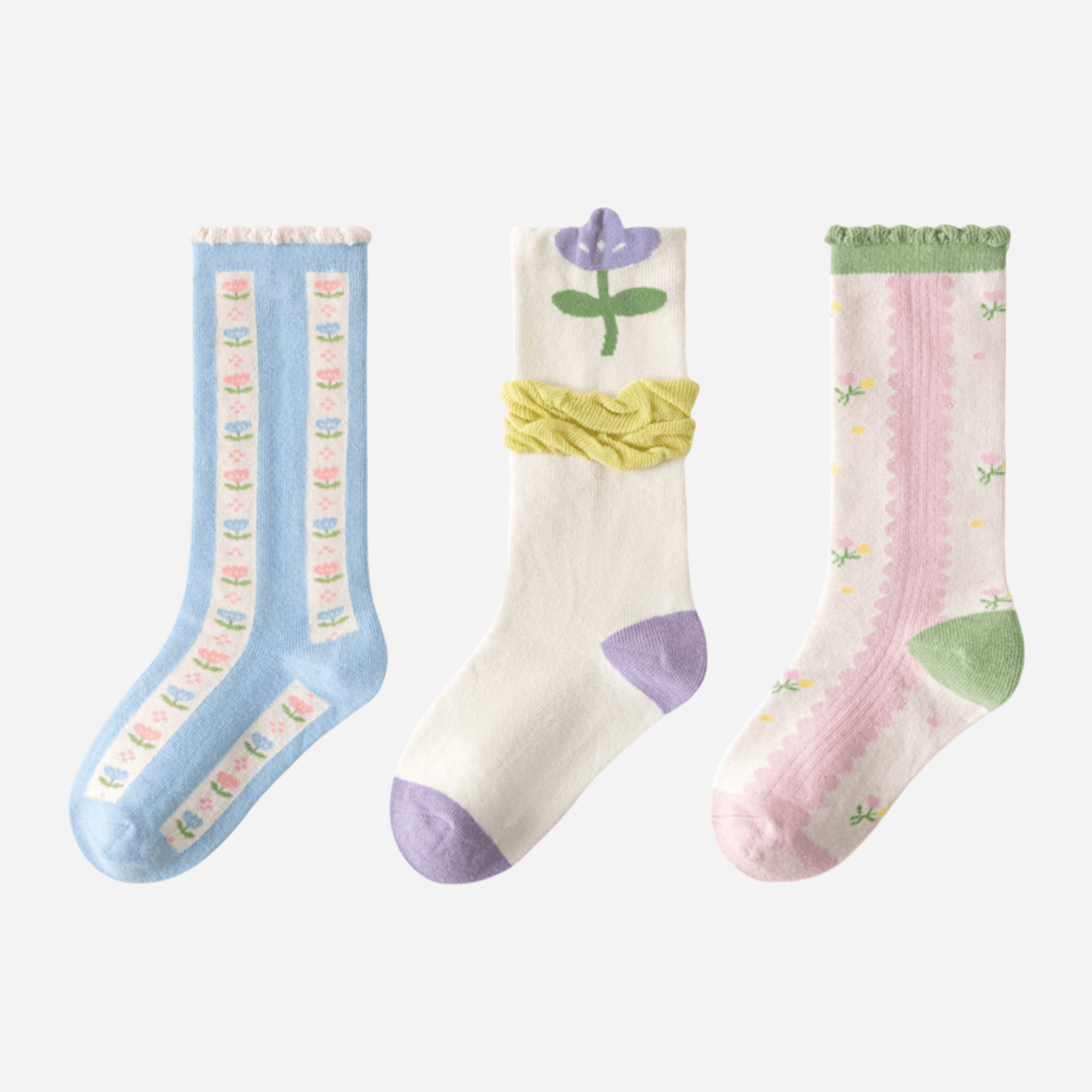 Kid's Girls' Sweet Floral Ruffle Knee High Socks - 3 Pairs - Weavasocks
