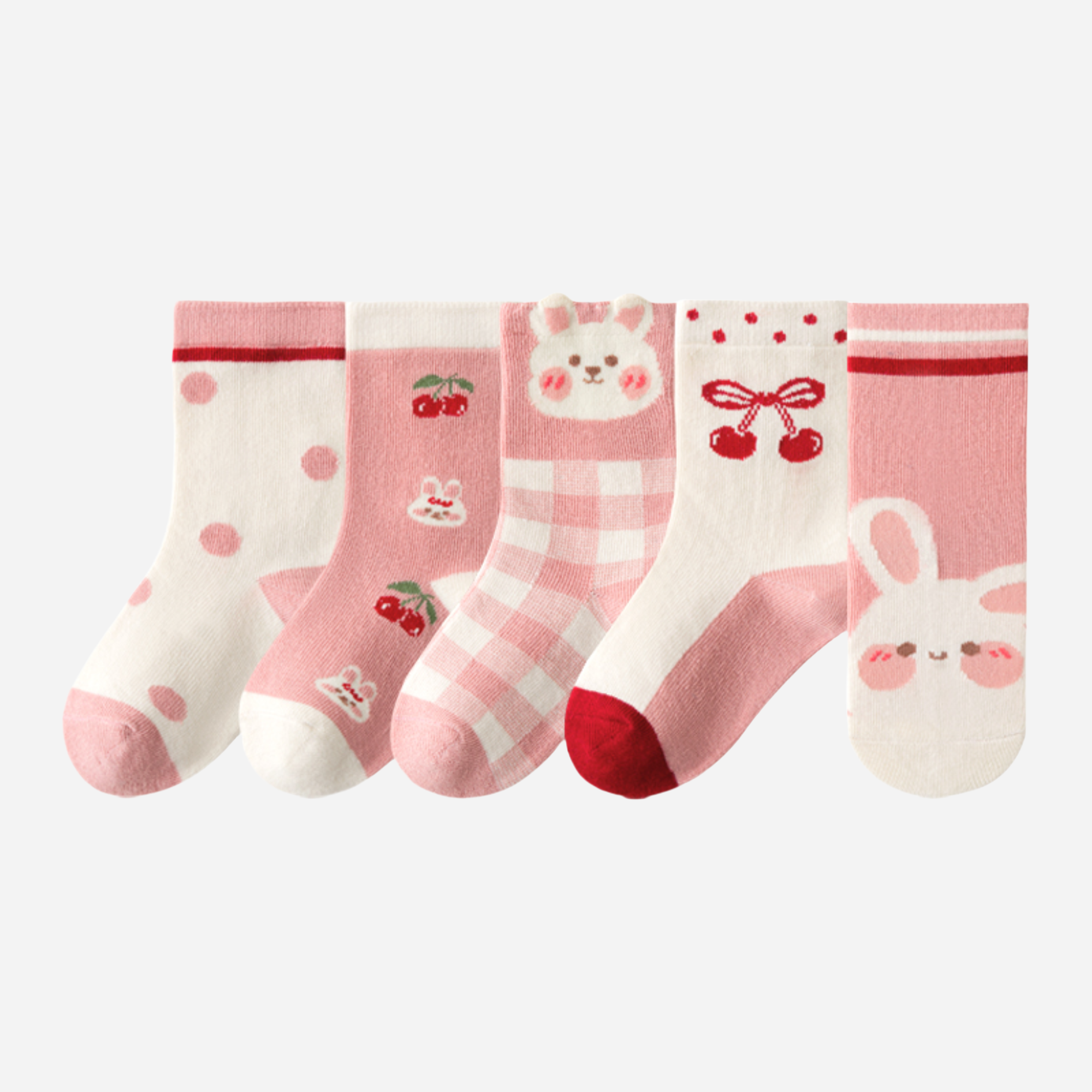 Kid's Girls' Bunny & Cherry Crew Socks - 5 Pairs