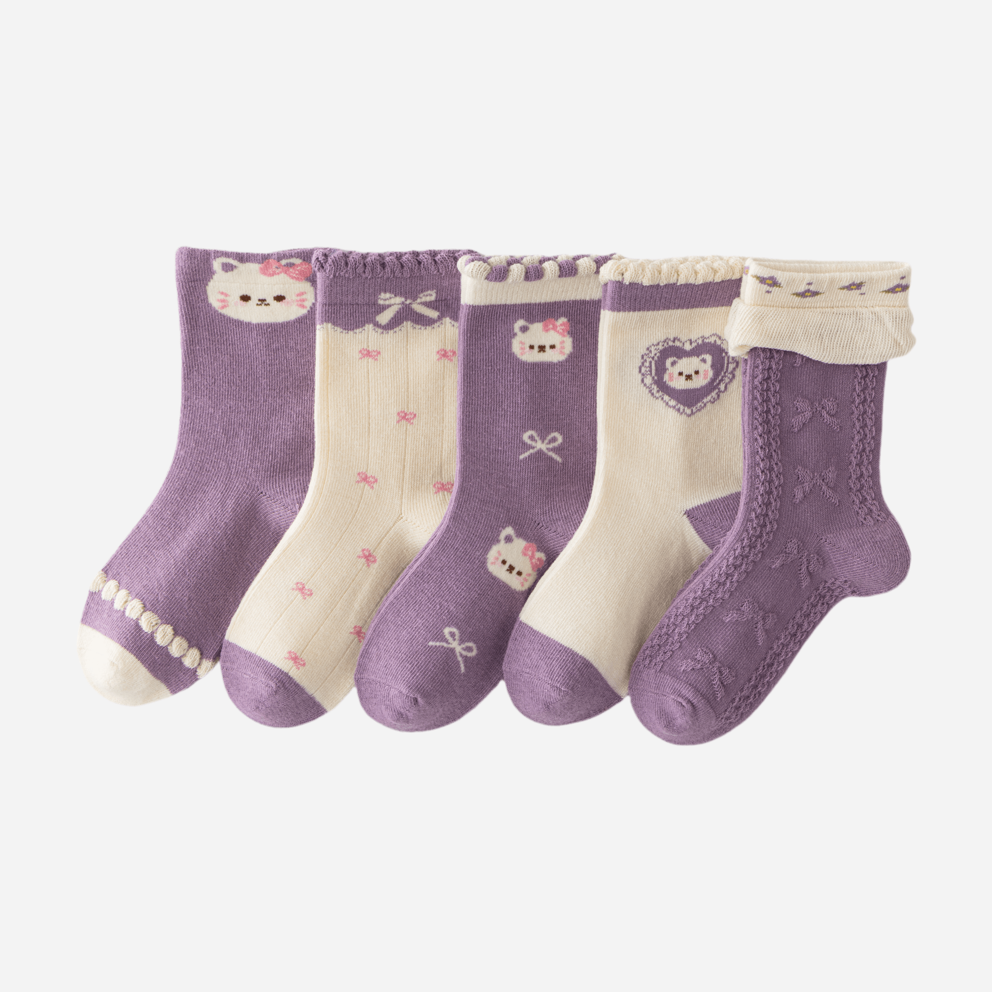 Kid's Lavender Kitten Crew Socks - 5 Pairs - Weavasocks