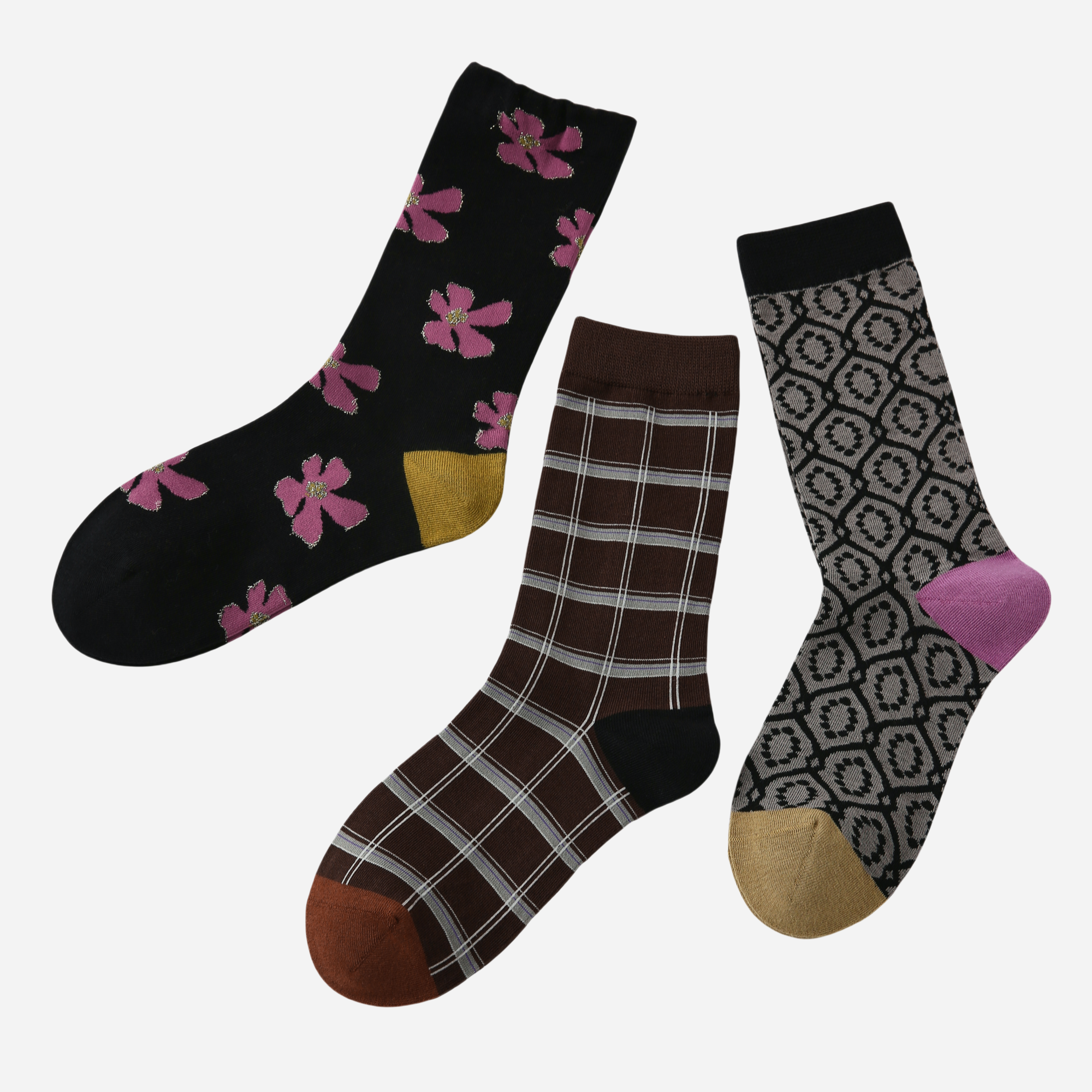 Women's Modern Floral & Plaid Socks - 3 pairs
