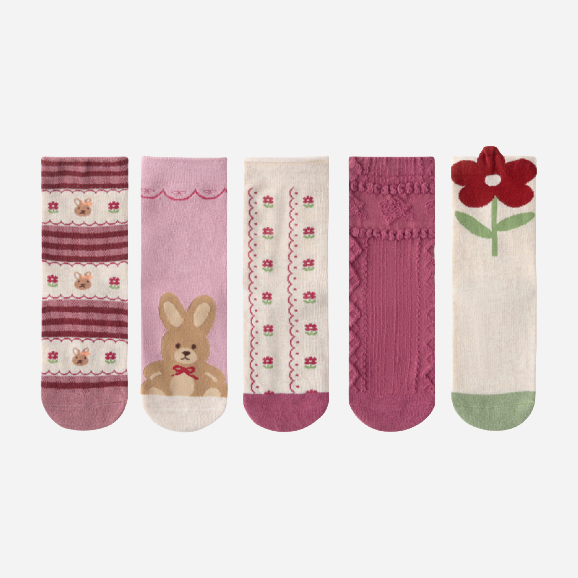 Kid's Girls' Bunny & Floral Crew Socks - 5 Pairs