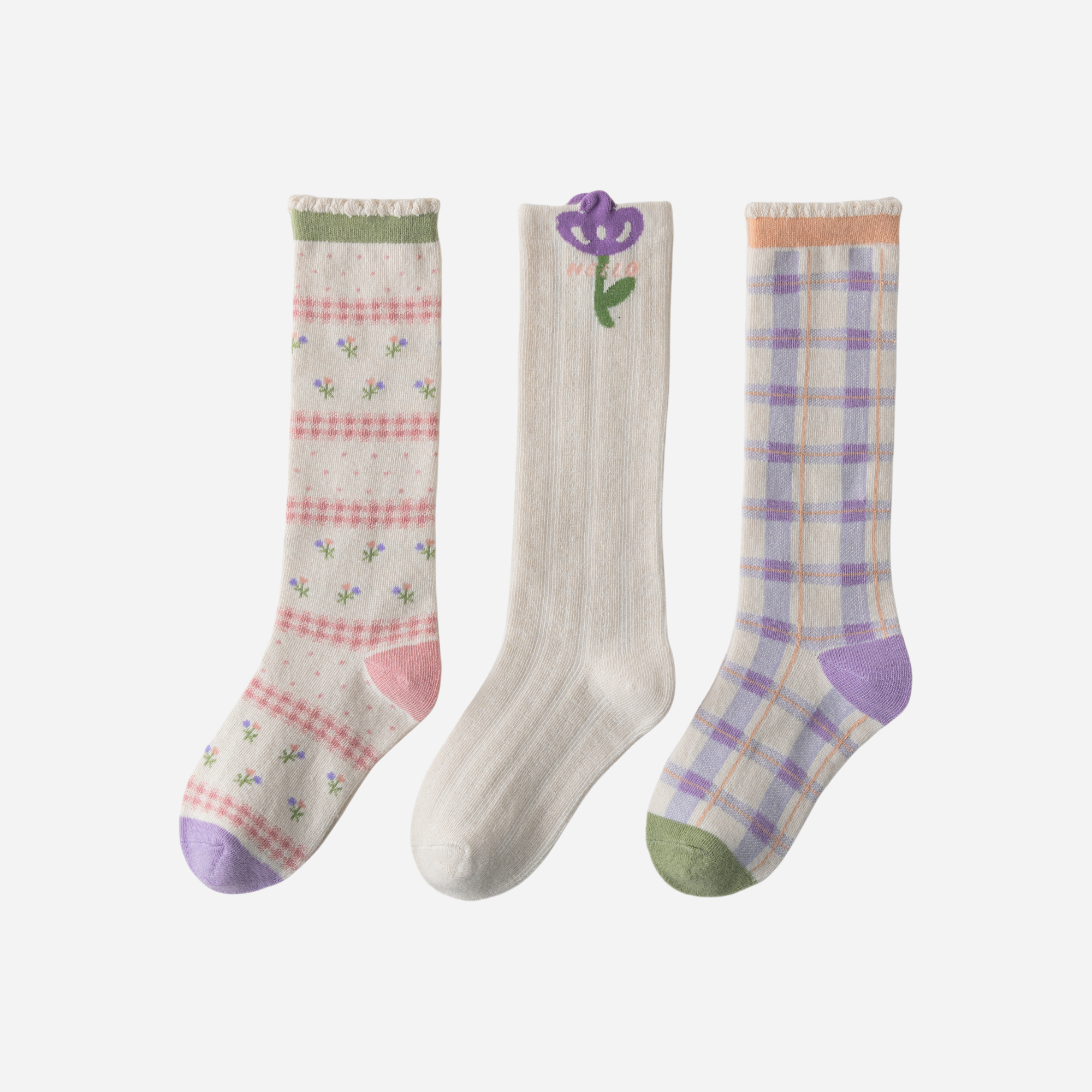 Kid's Floral & Plaid Knee High Socks - 3 Pairs