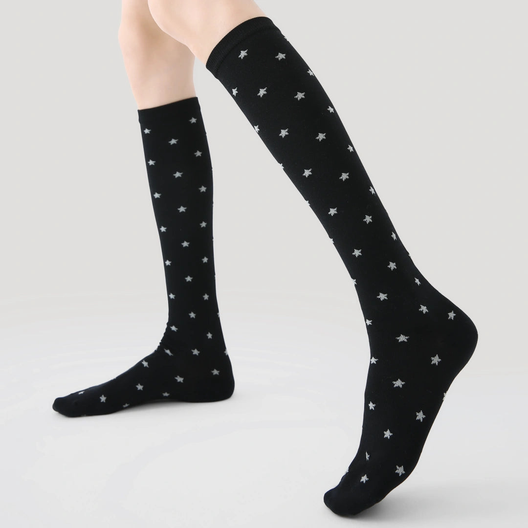 Women's Shimmer Star Knee-High Socks - product photo showing seamless stretch comfort