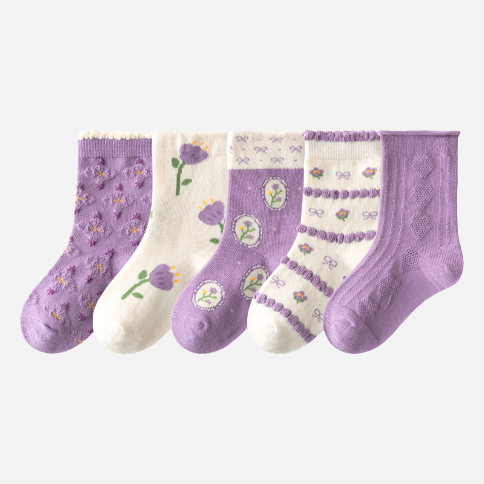 Kid's Girls' Purple Floral Crew Socks - 5 Pairs