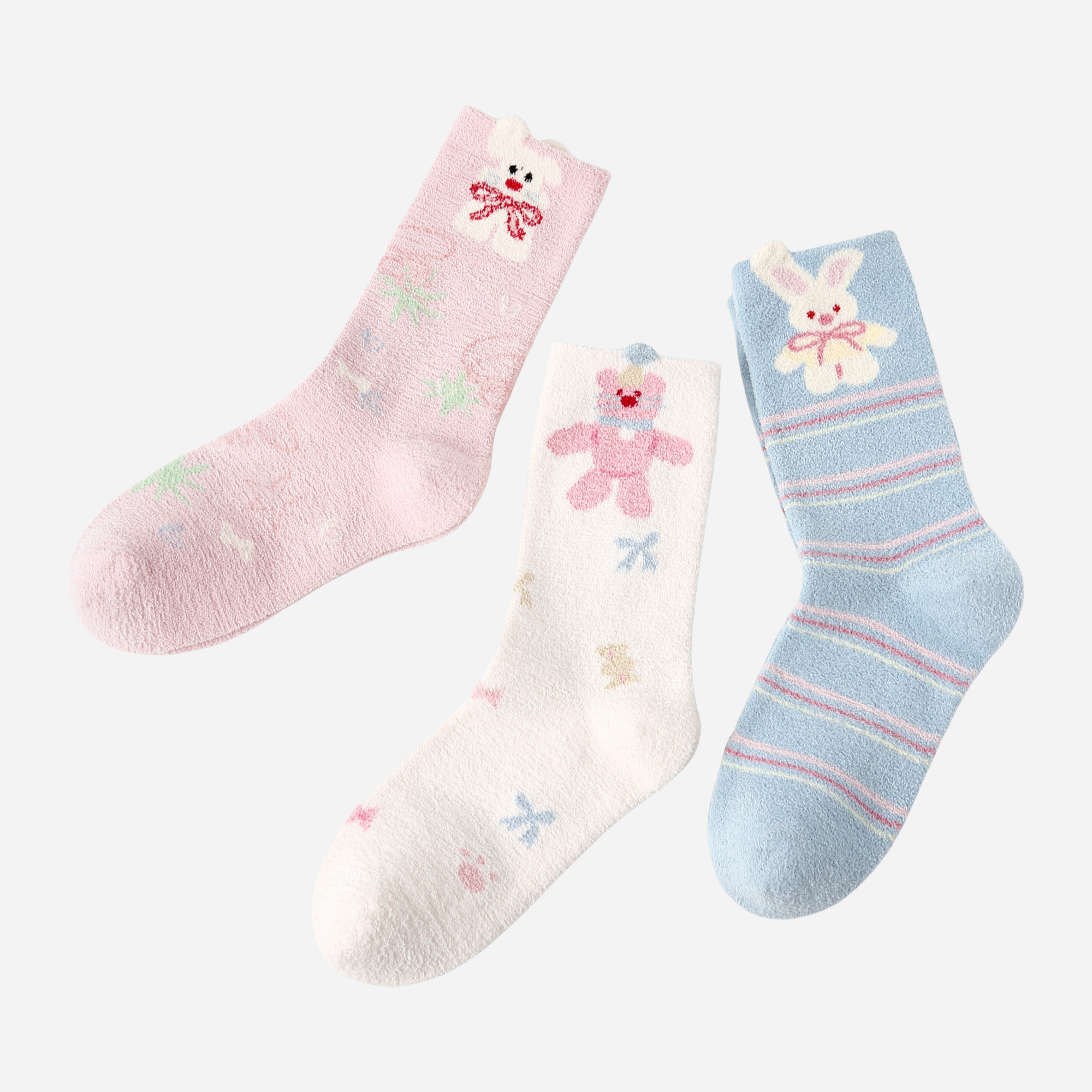 Women's Fuzzy Bunny & Bear Crew Socks - 3 pairs