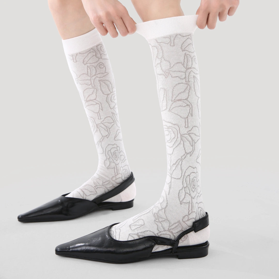 Women's Sheer Graphic Rose Calf Socks - product photo showing seamless stretch comfort