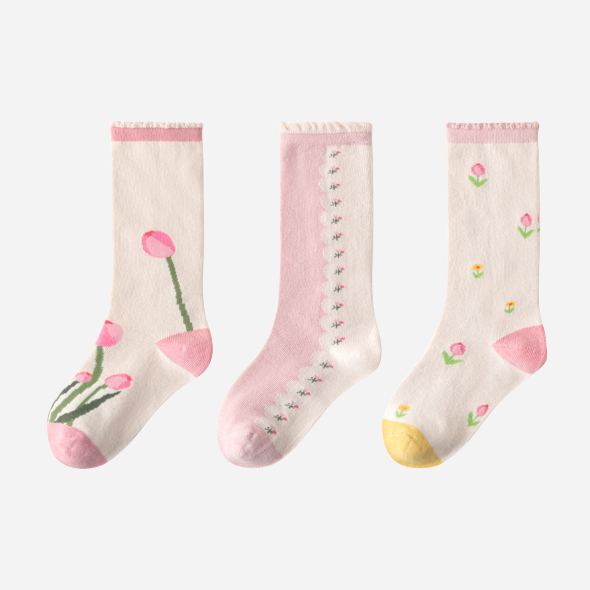 Kid's Girls' Sweet Tulip Floral Knee High Socks - 3 Pairs