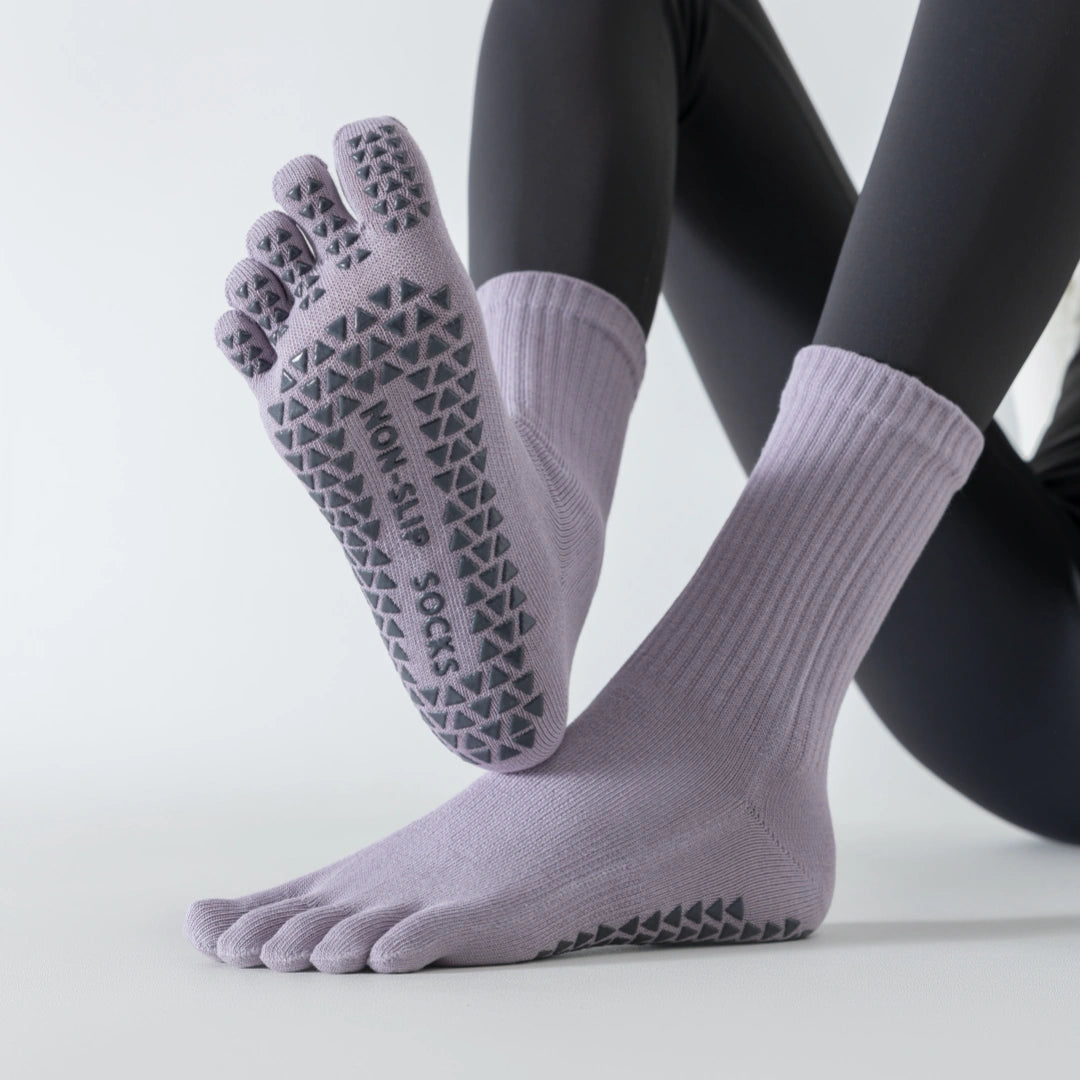 Women's Five-Toe Yoga Crew Socks - detail photo showing secure grip comfort
