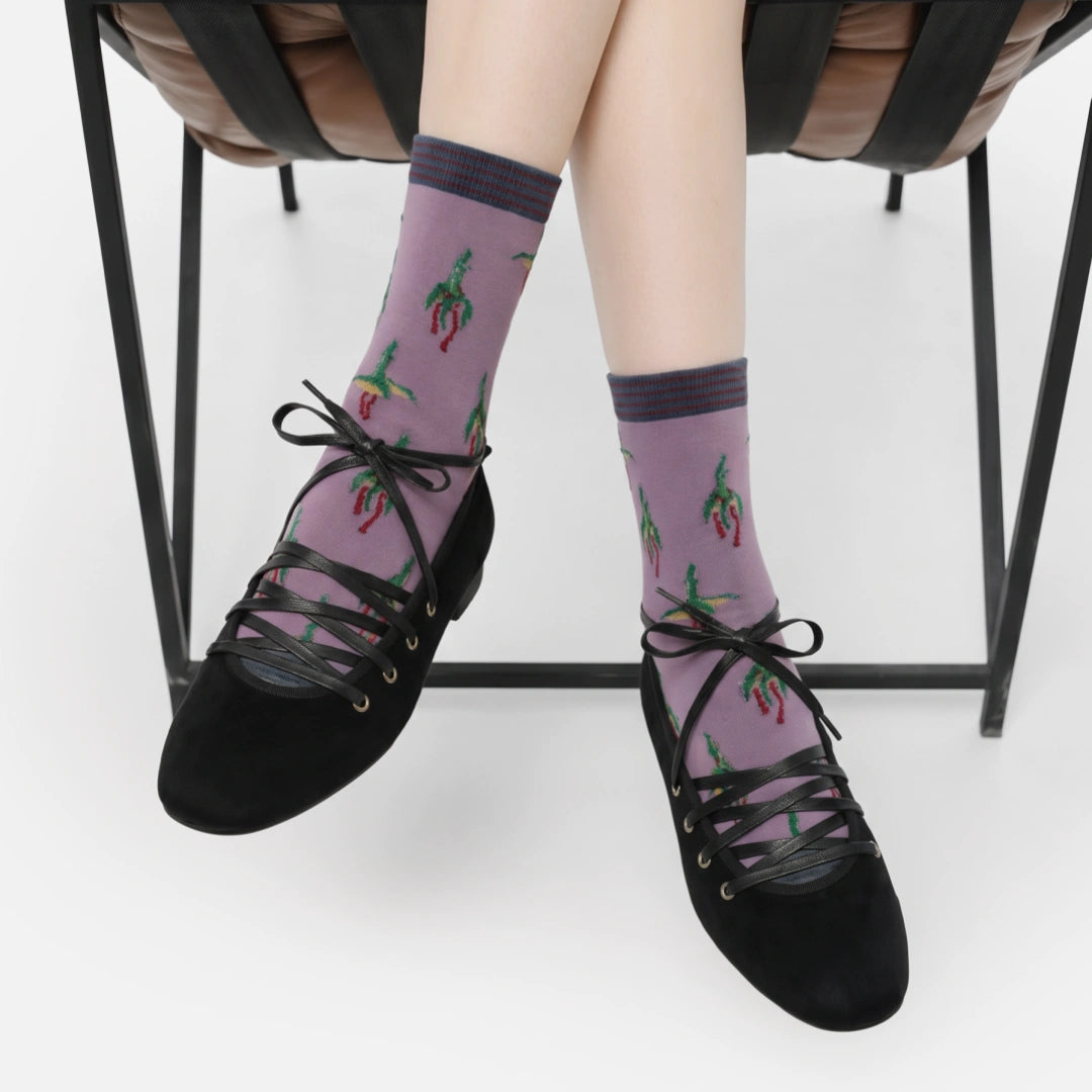 Women's Designer 3D Tufted Floral & Metallic Stripe Crew Socks (3-Pack)