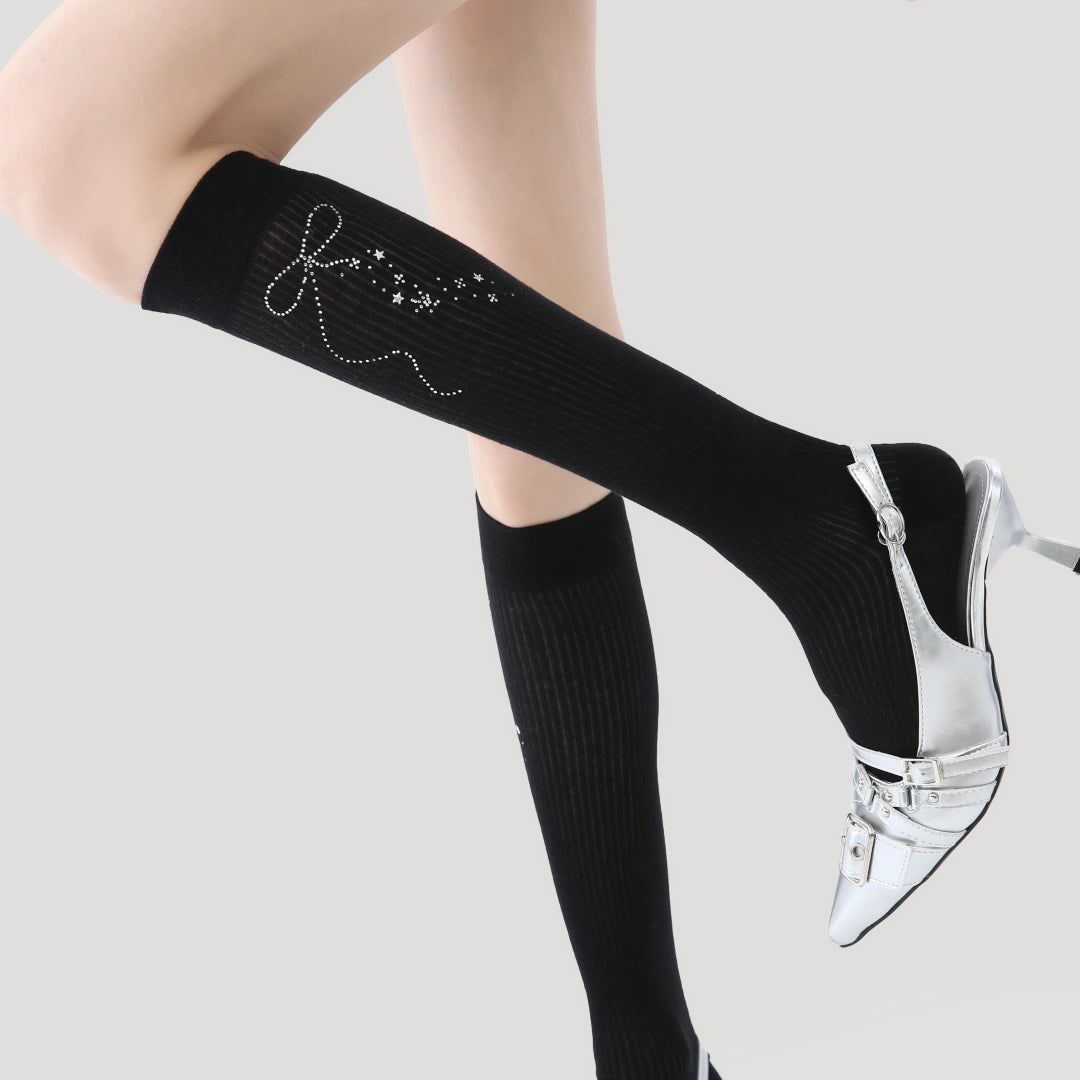 Women's Sheer Diamante Bow Calf Socks - product photo showing seamless stretch comfort
