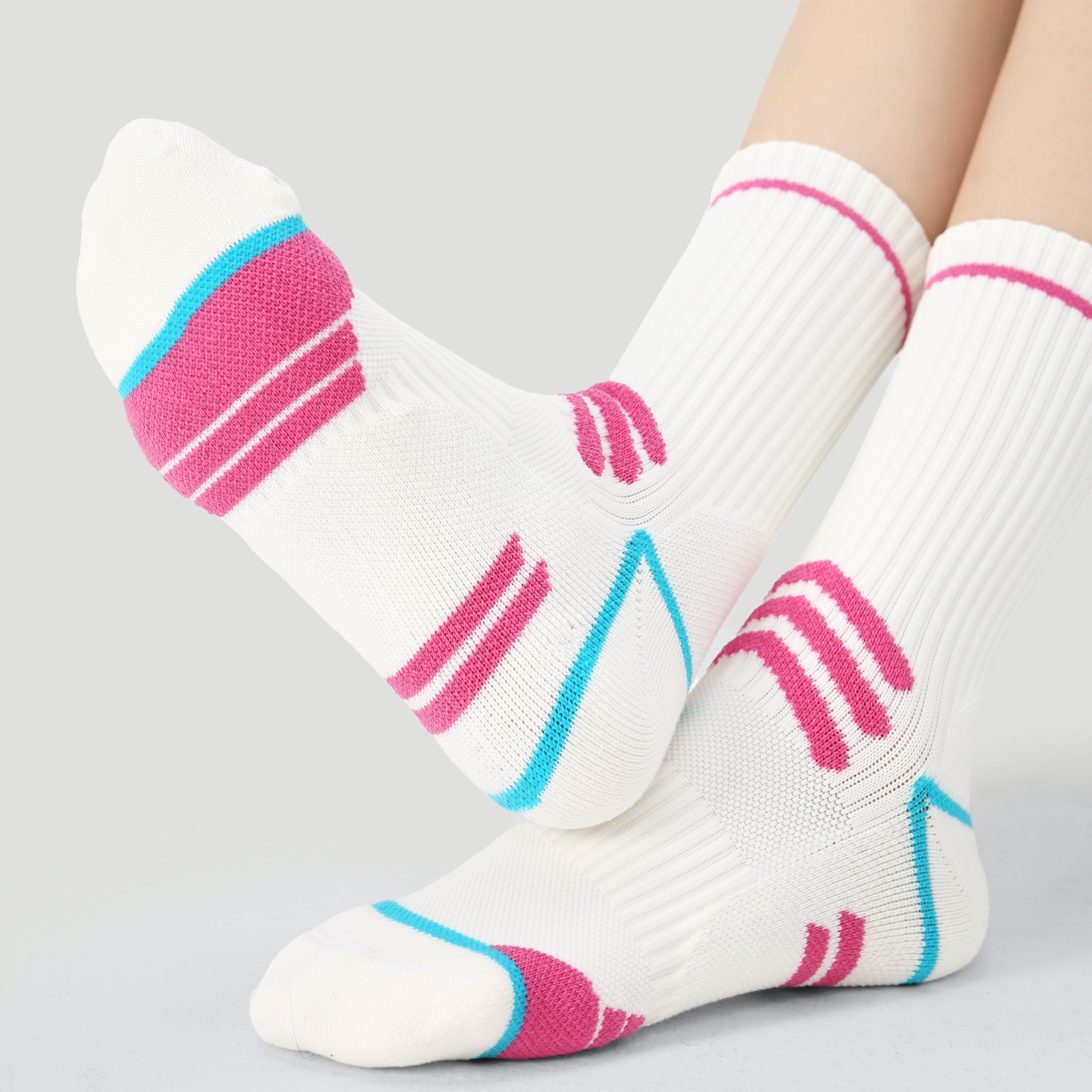 Women's Performance Cushioned Crew Socks - White / Neon Pink / Teal