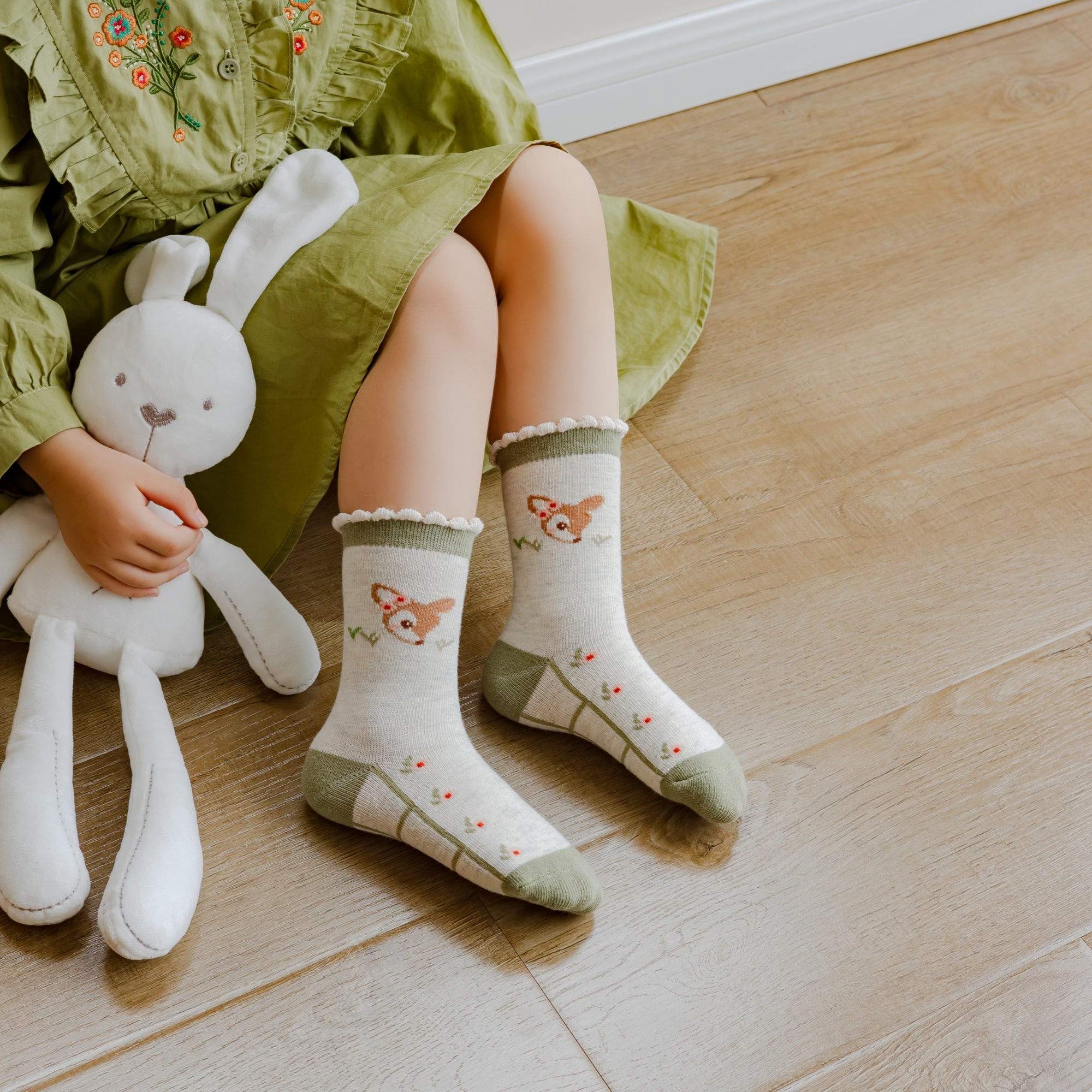 Kid's Girls' Woodland Fawn & Floral Crew Socks - 5 Pairs