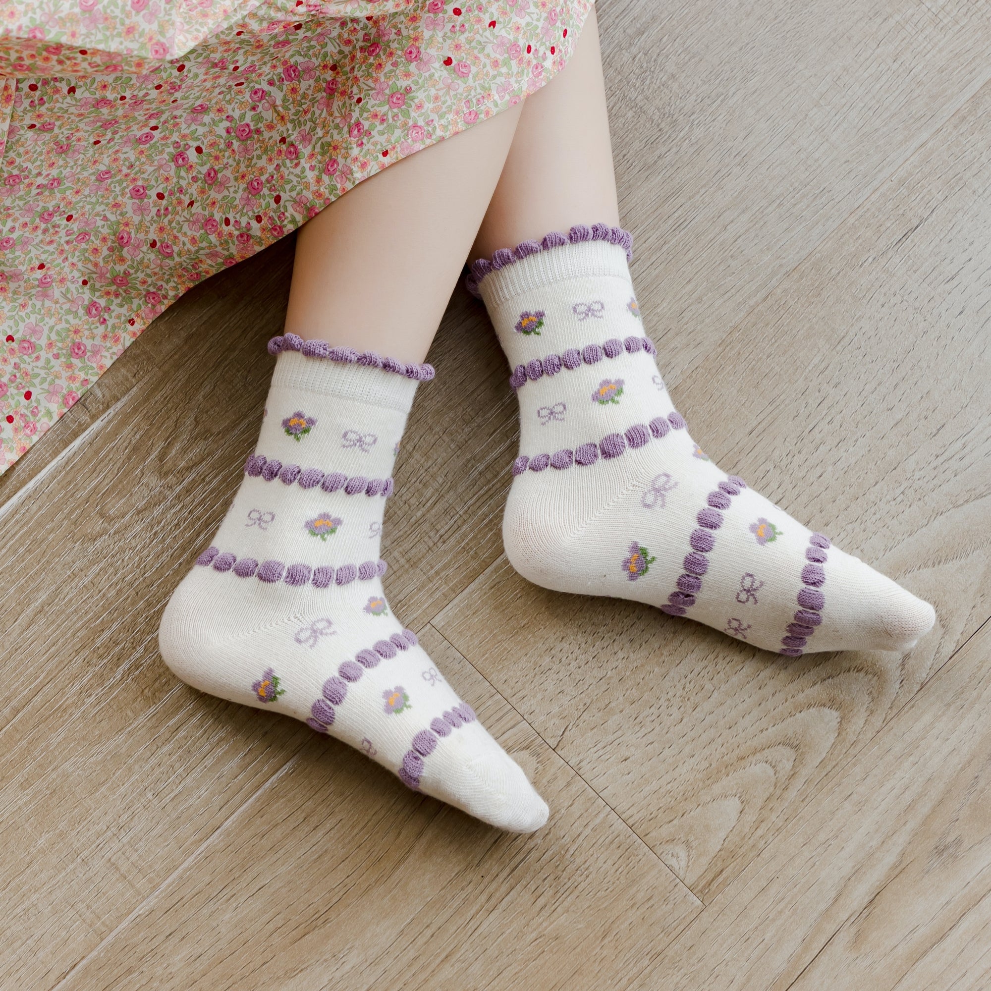 Kid's Girls' Purple Floral Crew Socks - 5 Pairs