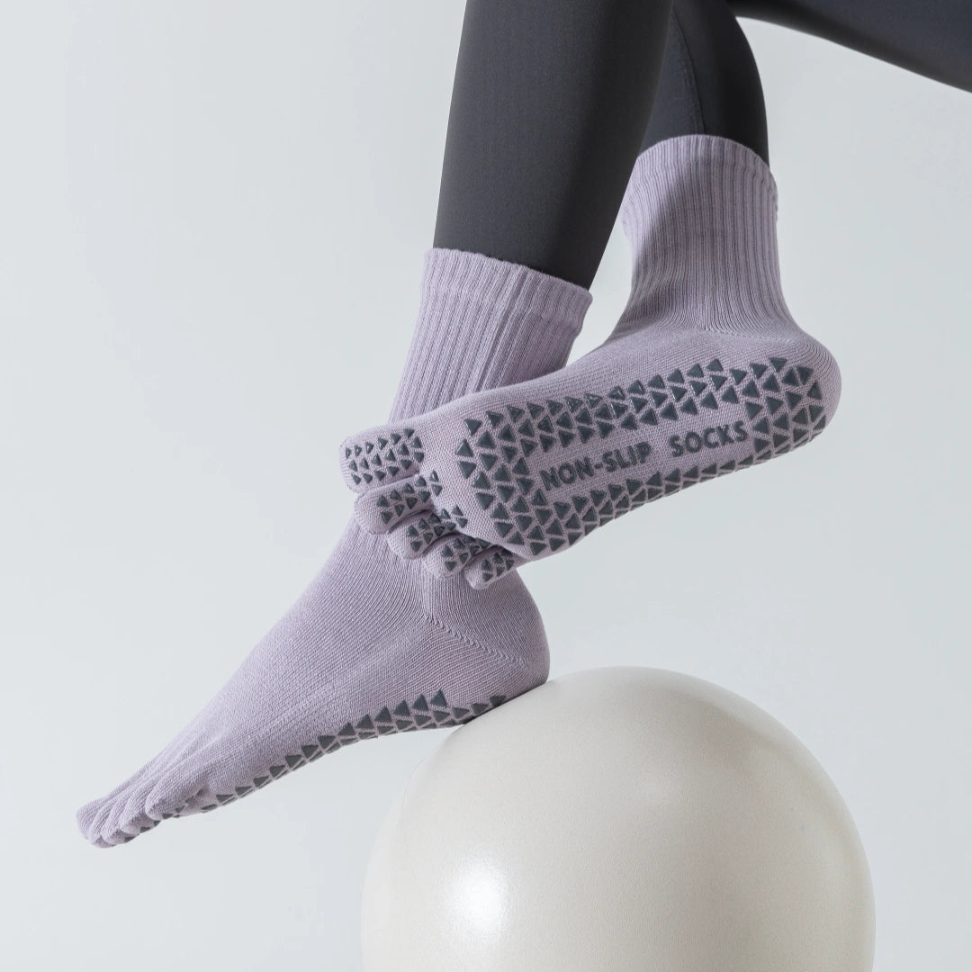 Women's Five-Toe Yoga Crew Socks - detail photo showing secure grip comfort