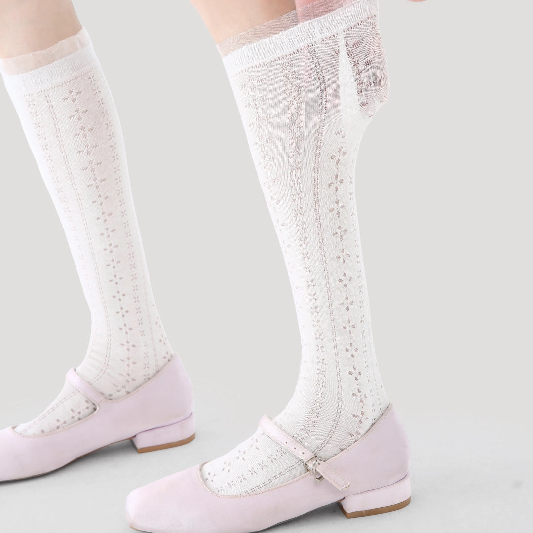 Women's Sheer Pointelle Calf Socks - product photo showing seamless stretch comfort