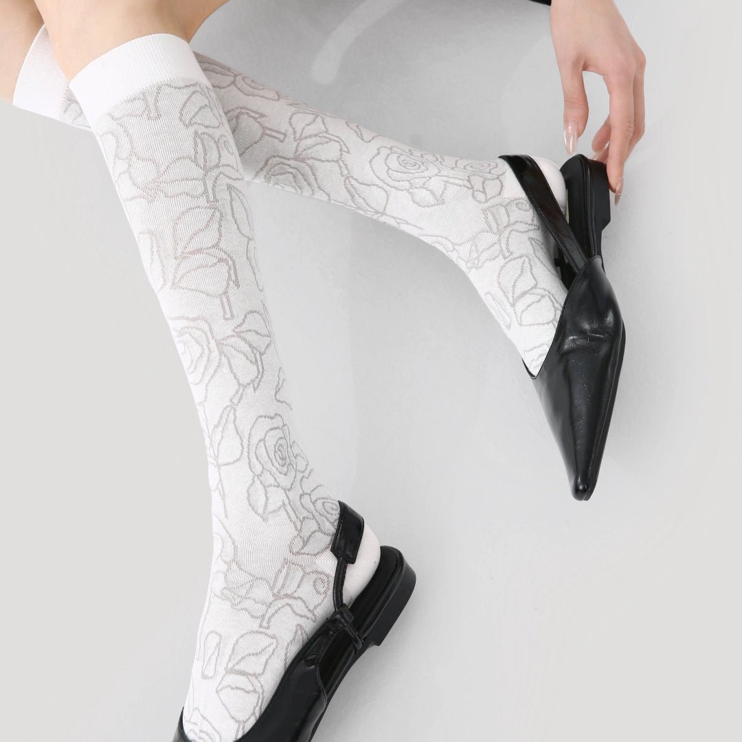 Women's Sheer Graphic Rose Calf Socks - product photo showing seamless stretch comfort