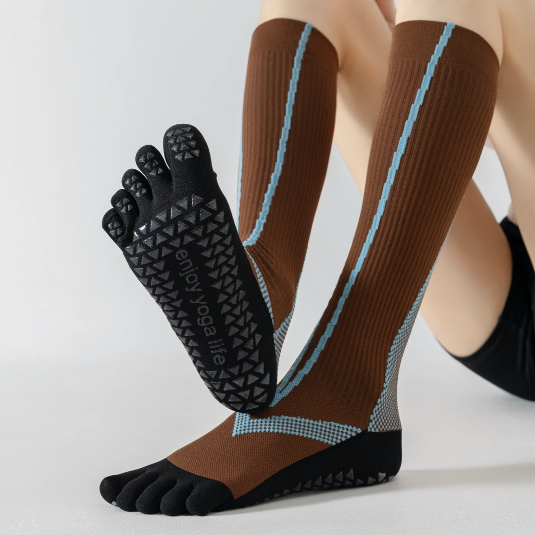Professional Non-Slip Five-Toe Yoga Knee-High Socks - detail photo showing secure grip comfort