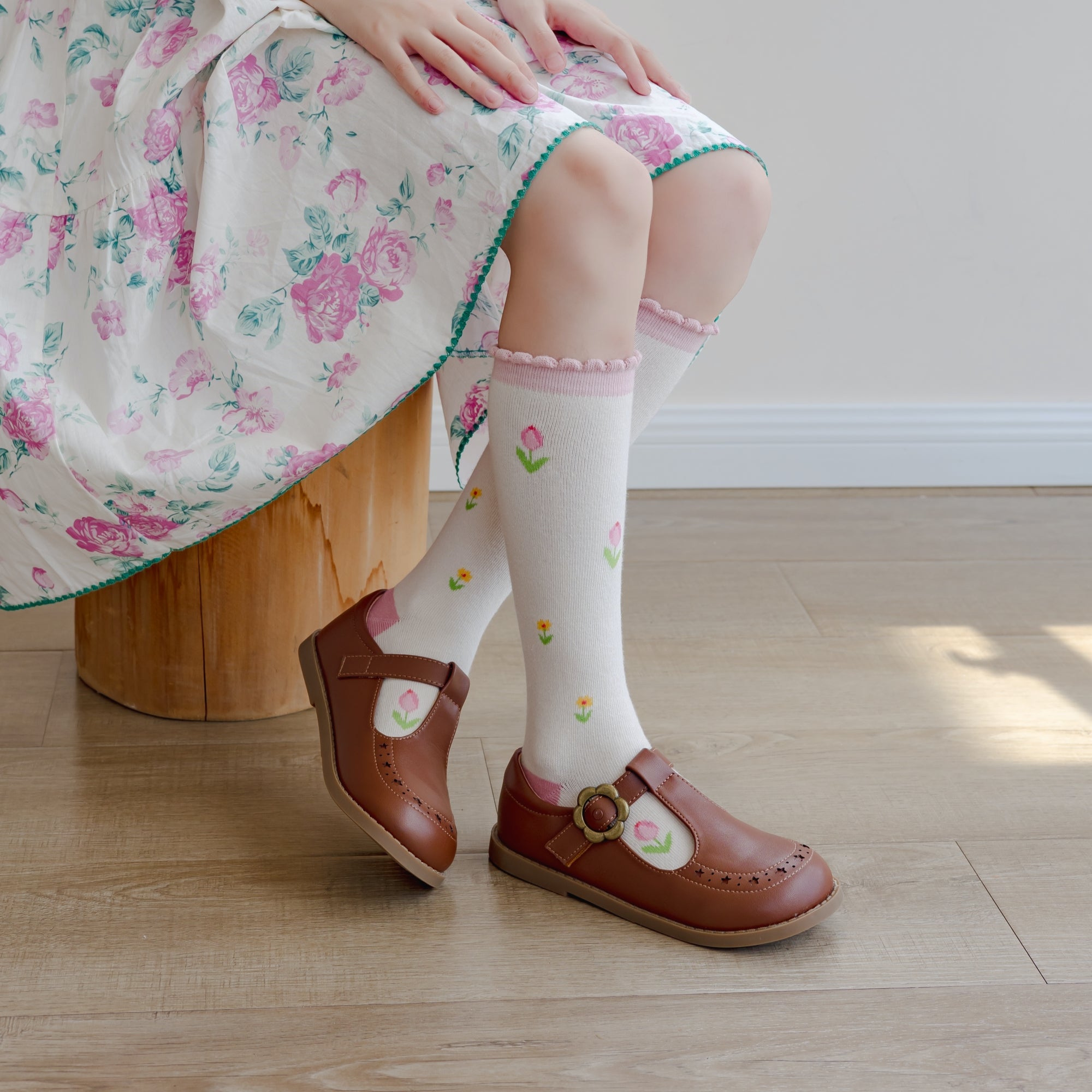 Kid's Girls' Sweet Tulip Floral Knee High Socks - 3 Pairs