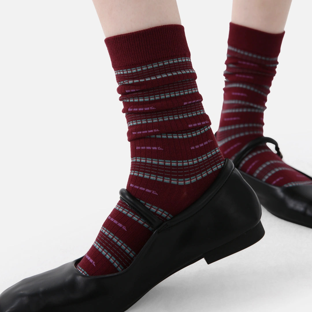 Women's Designer 3D Botanical Leaf & Shimmer Stripe Crew Socks (3-Pack)