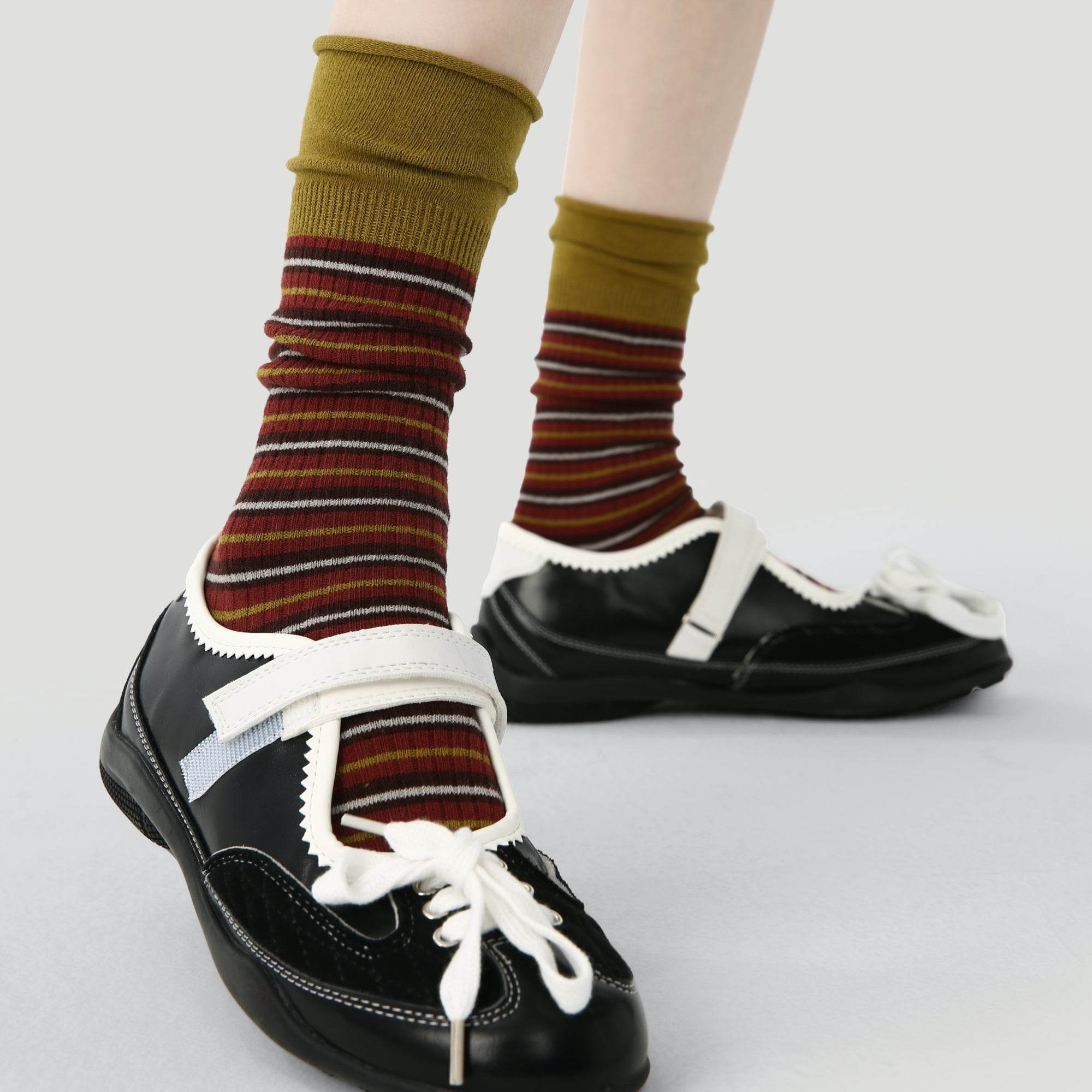 Women's Olive Cuff Stripe Crew Socks - Single Pair