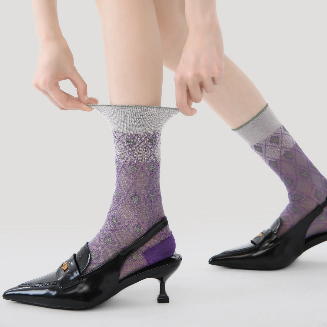 Women's Metallic Lurex Sheer Mesh Socks - product photo showing breathable mesh comfort