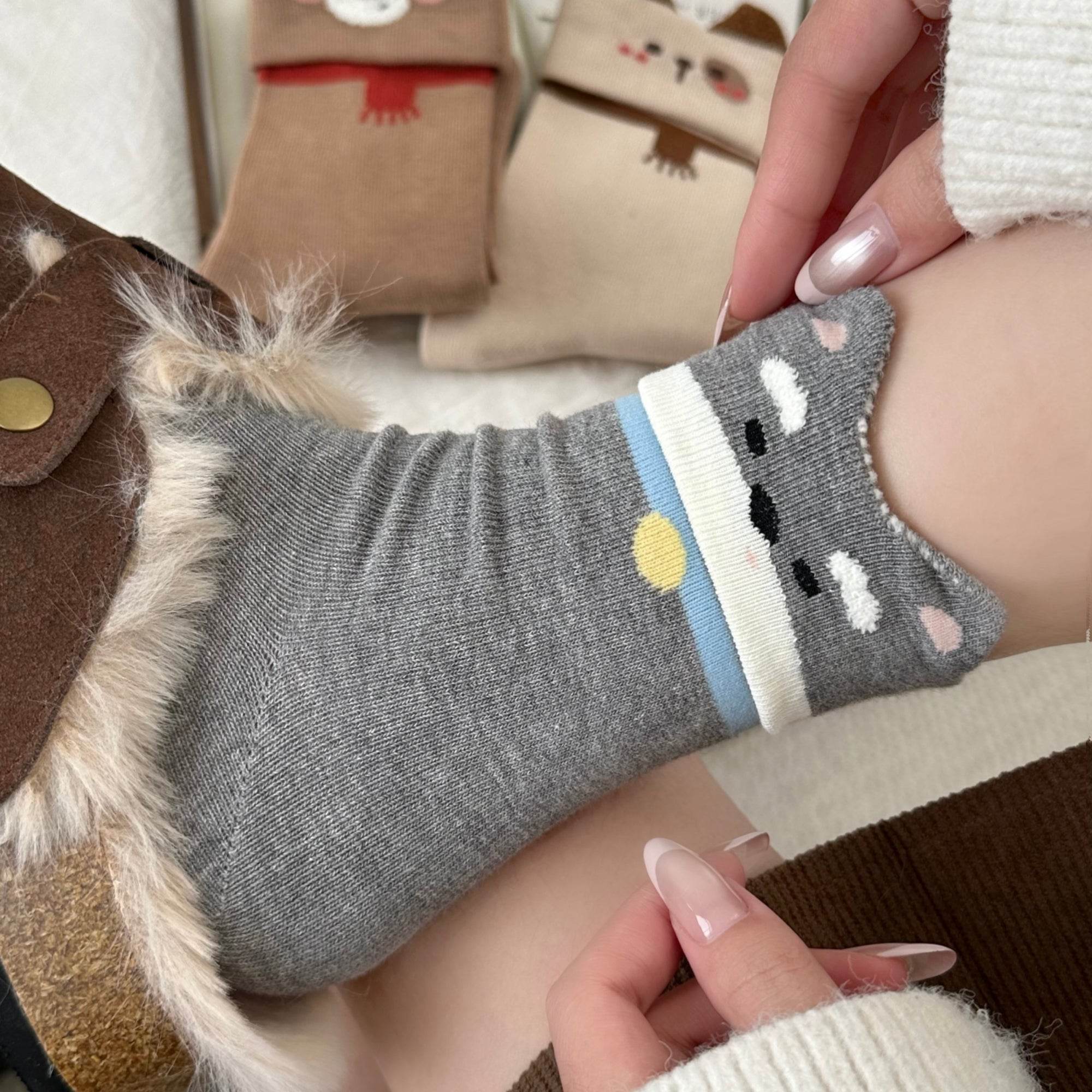 Women's Novelty Fuzzy Ear Crew Socks - Single Pair