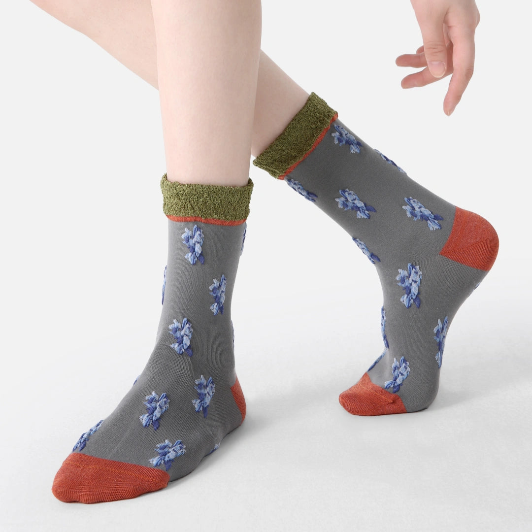 Women's Designer Abstract Floral & 3D Tufted Crew Socks (3-Pack)