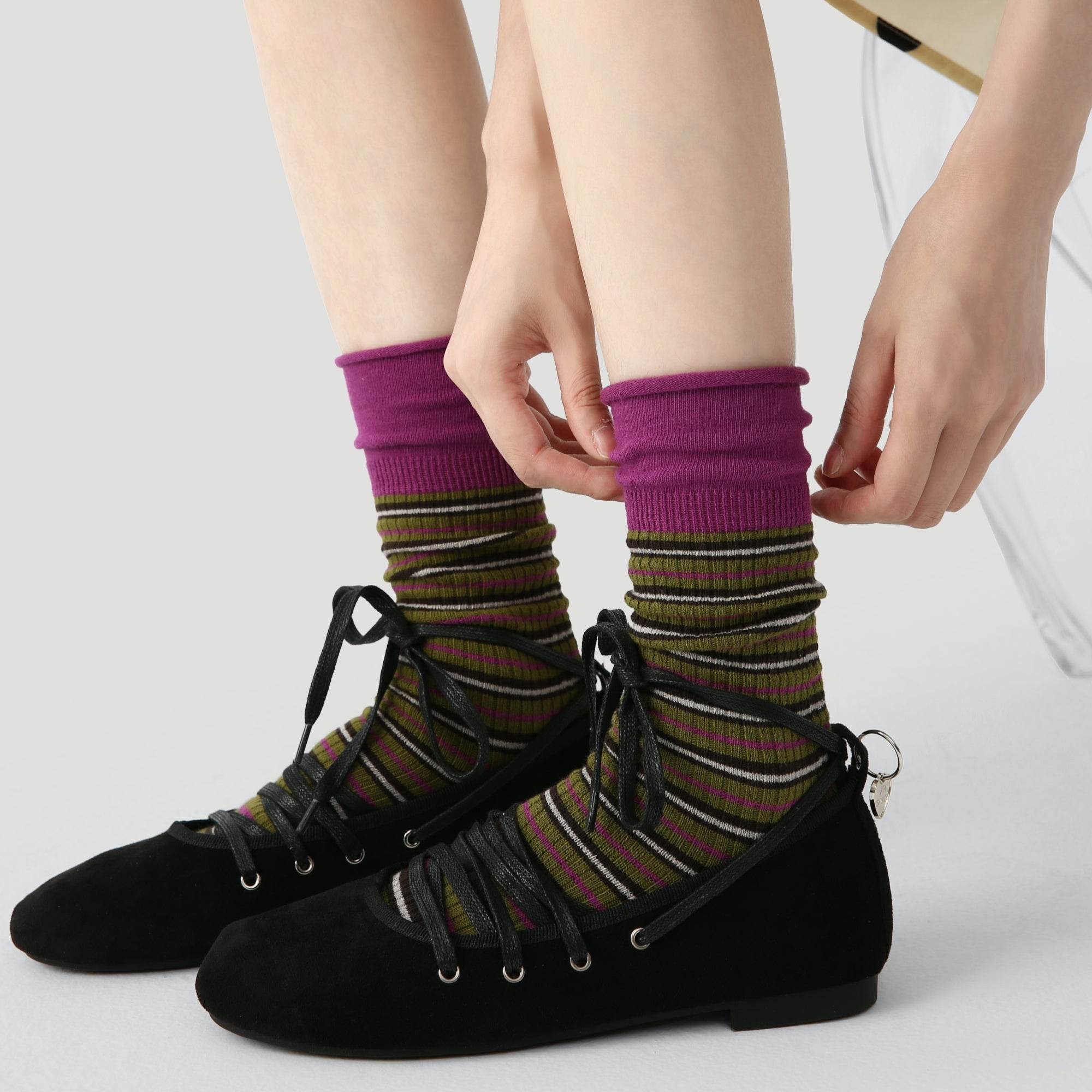Women's Purple Cuff Stripe Crew Socks - Single Pair