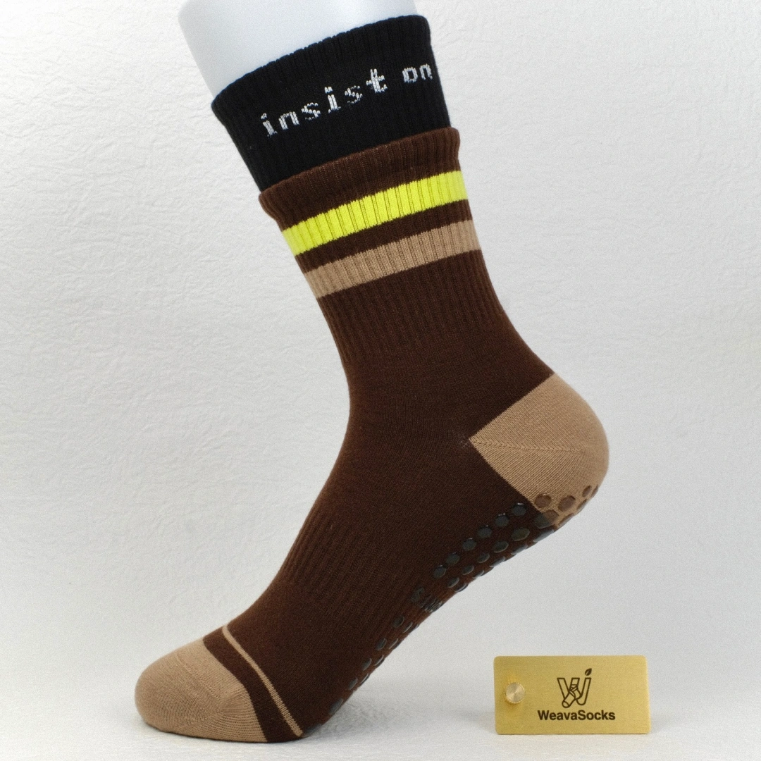 Women's Retro Striped Non-Slip Yoga & Pilates Crew Socks - product photo showing secure grip comfort