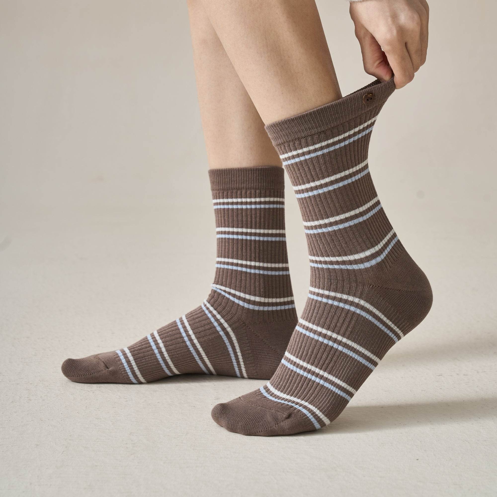 Women's Button Cuff Striped Crew Socks - Single Pair