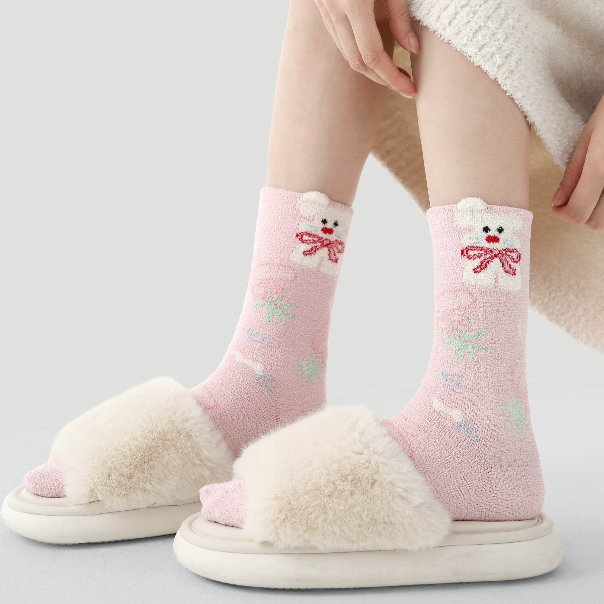 Women's Fuzzy Bunny & Bear Crew Socks - 3 pairs