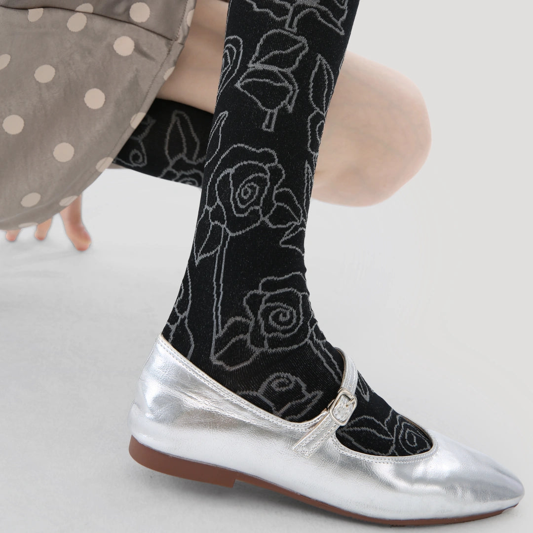 Women's Sheer Graphic Rose Calf Socks - product photo showing seamless stretch comfort