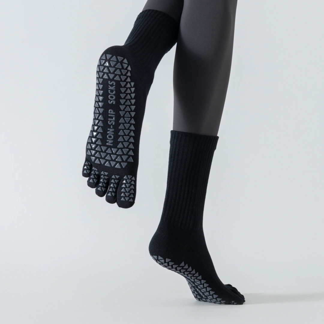Women's Five-Toe Yoga Crew Socks - detail photo showing secure grip comfort