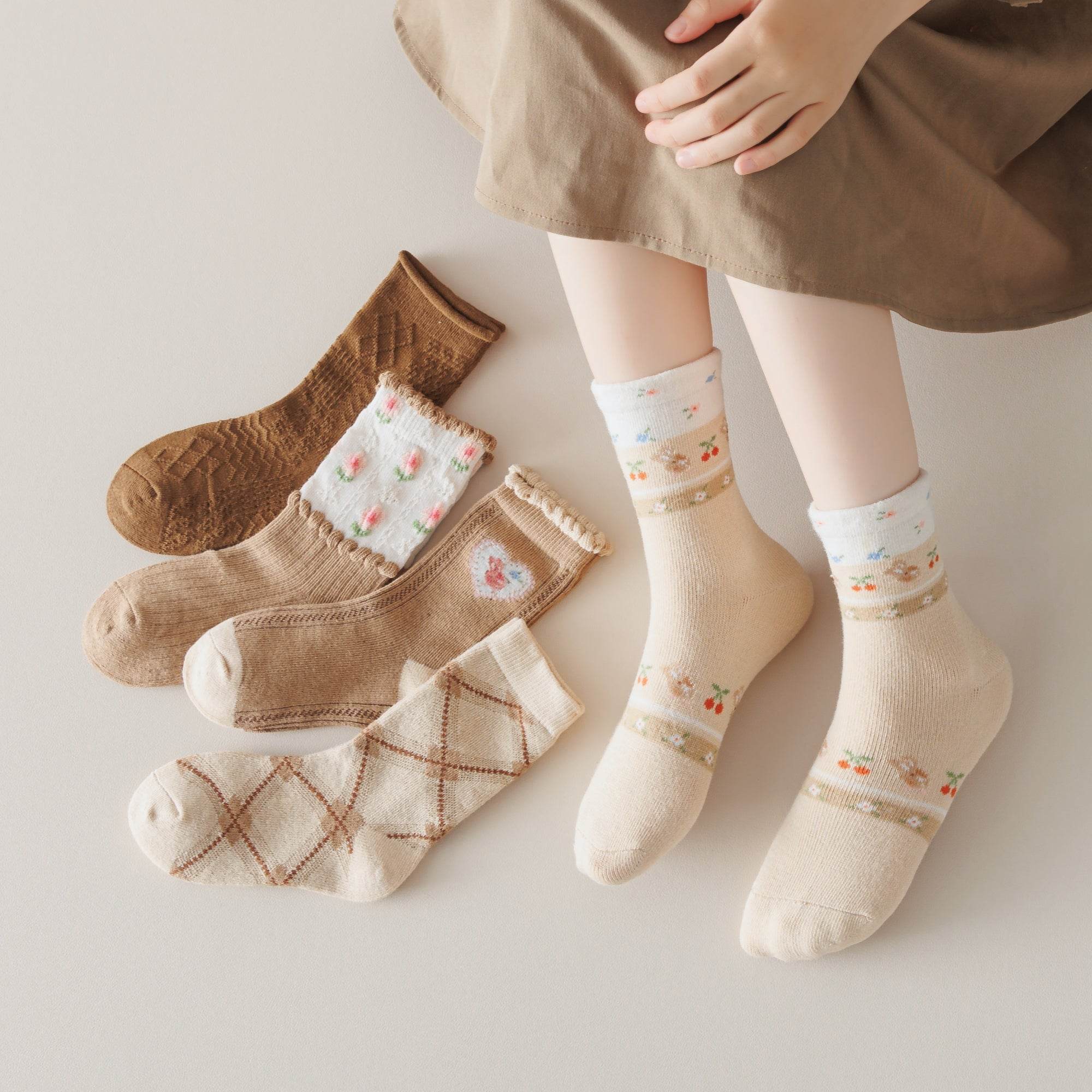 Kid's Girls' Vintage Argyle & Floral Crew Socks - 5 Pairs - Weavasocks