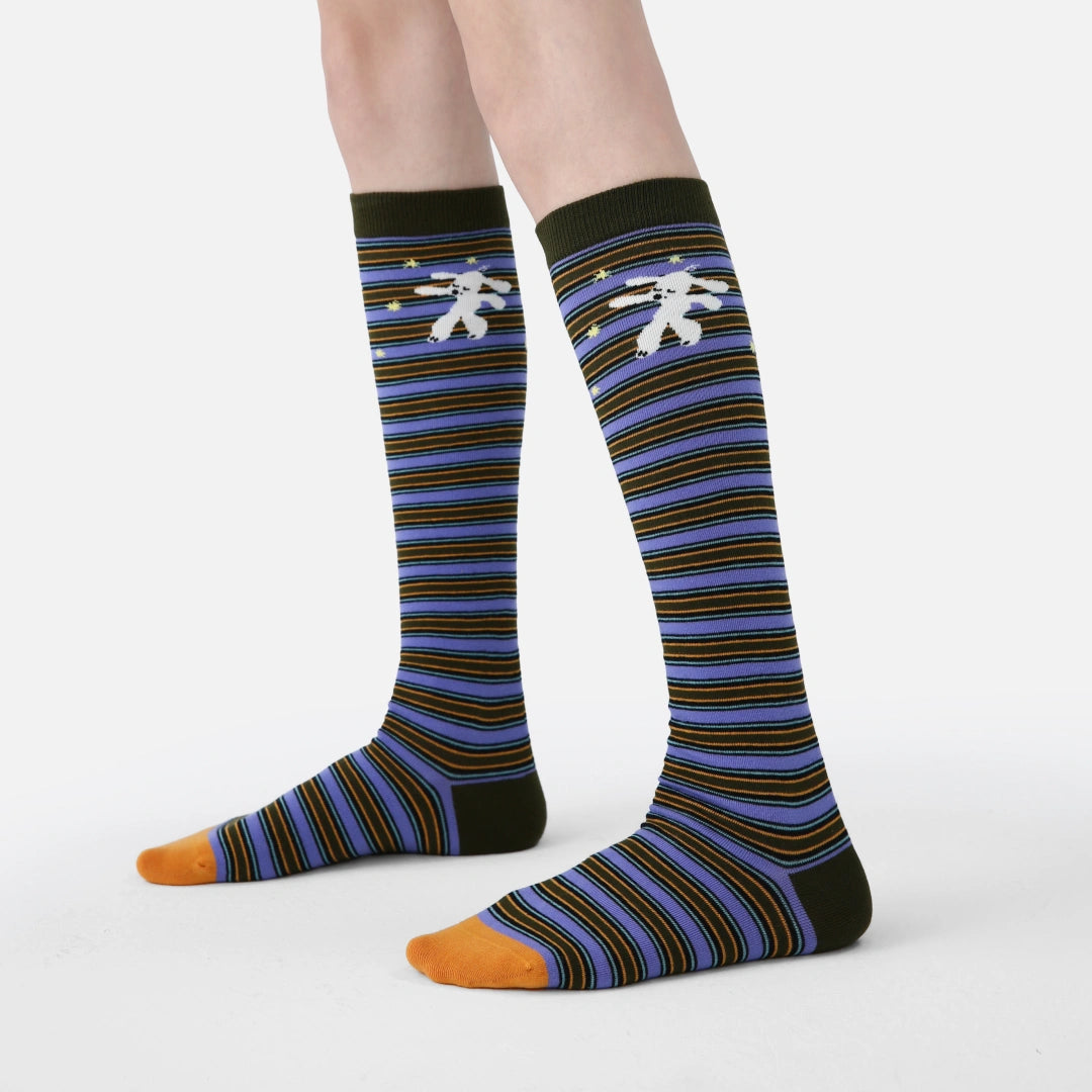 Women's Designer Dancing Bunny Striped Calf Socks