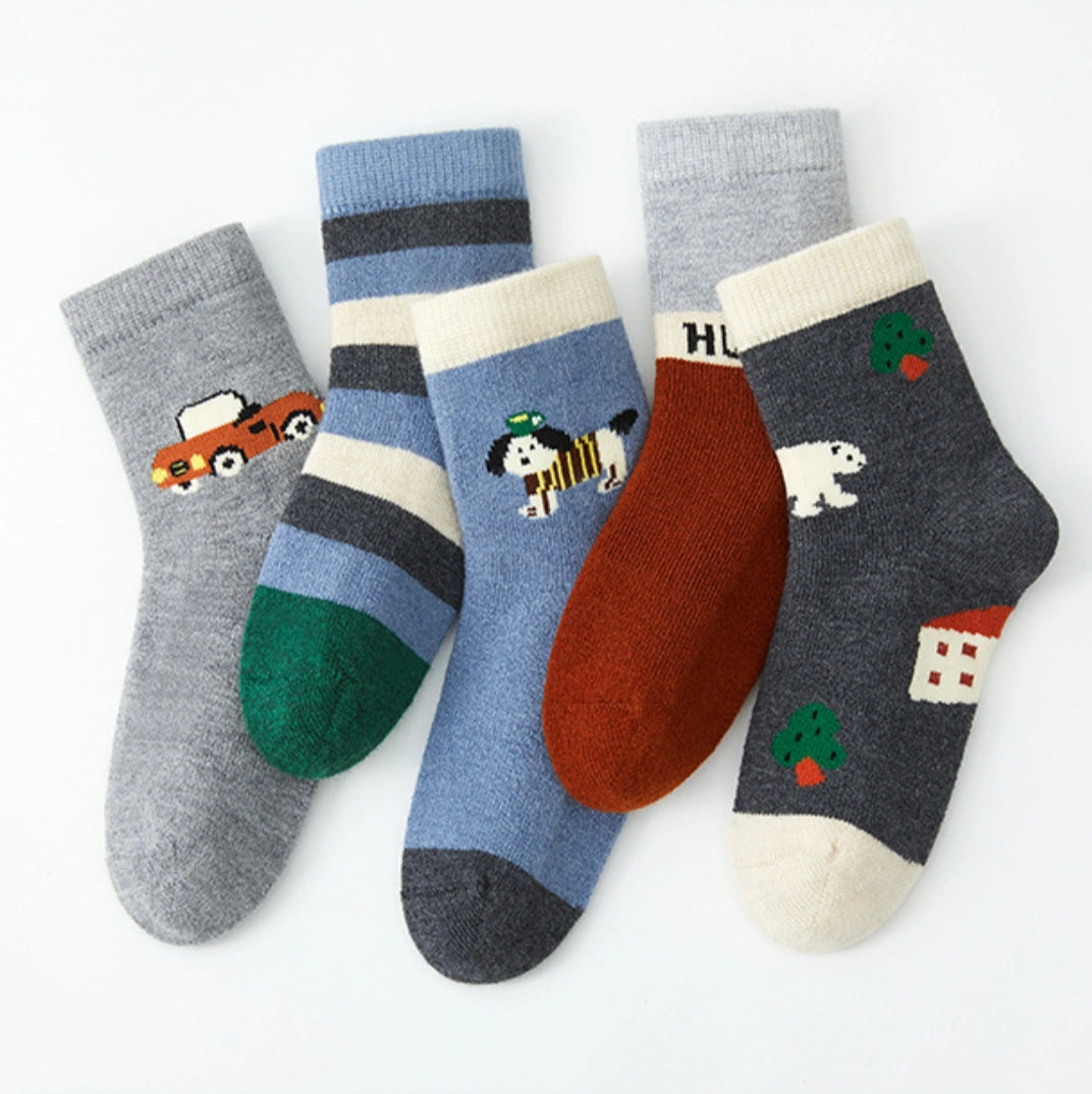 Kid's Winter Wool Blend Thermal Crew Socks 5-Pack