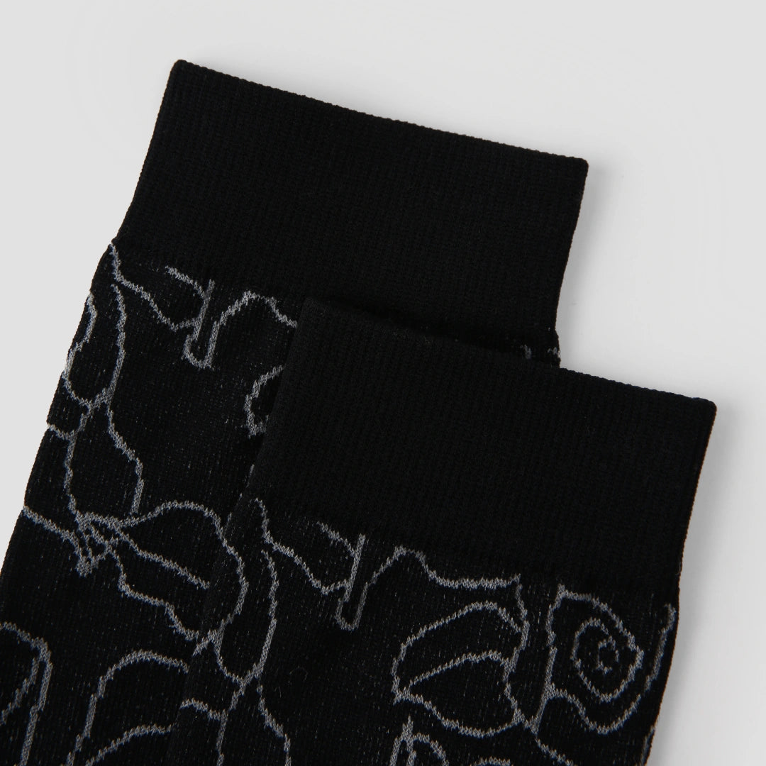 Women's Sheer Graphic Rose Calf Socks - product photo showing seamless stretch comfort