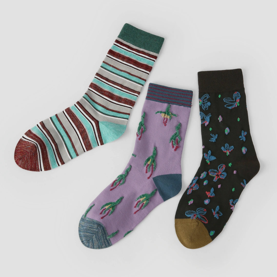Women's Designer 3D Tufted Floral & Metallic Stripe Crew Socks (3-Pack)