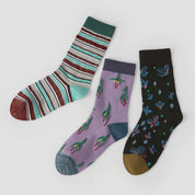 Women's Designer 3D Tufted Floral & Metallic Stripe Crew Socks (3-Pack)