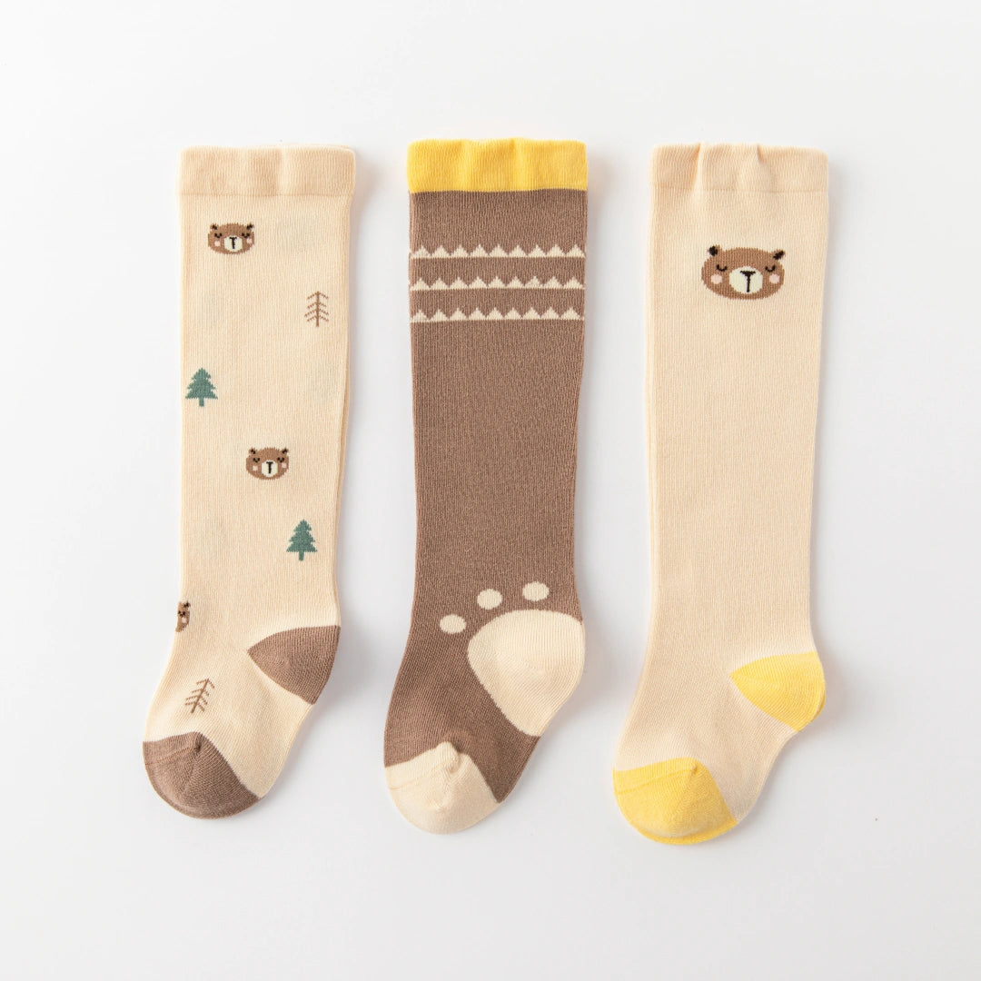 Baby’s Forest Bear Pattern Knee-High Socks 3-Pack