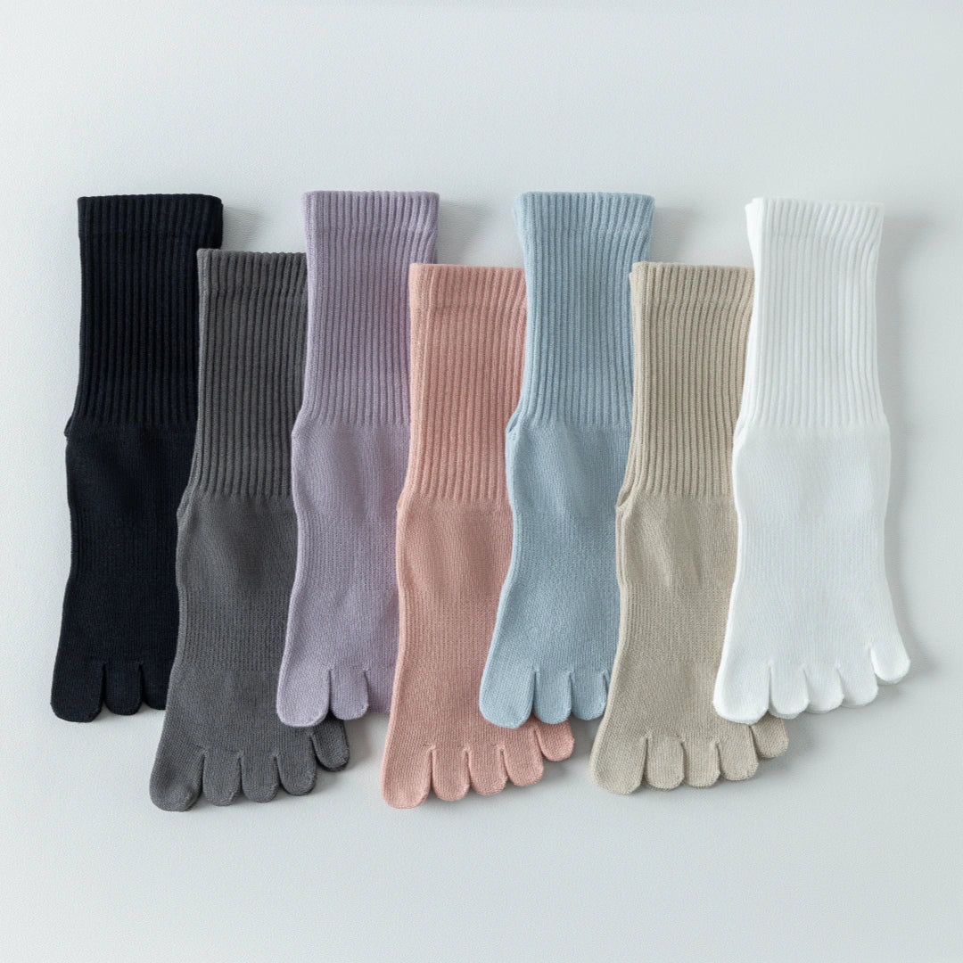 Women's Five-Toe Yoga Crew Socks - detail photo showing secure grip comfort