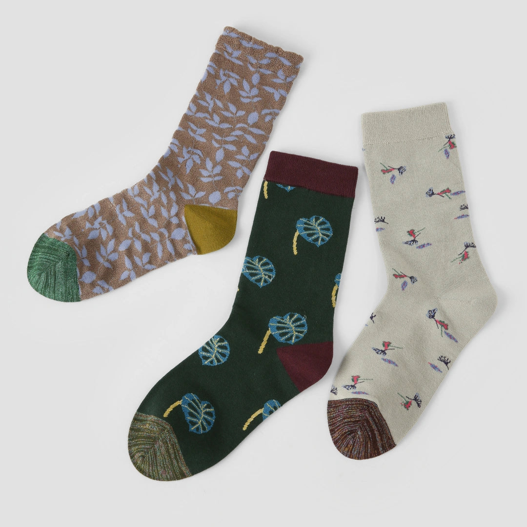 Women's Designer Artistic Botanical & Shimmer Meadow Crew Socks (3-Pack)
