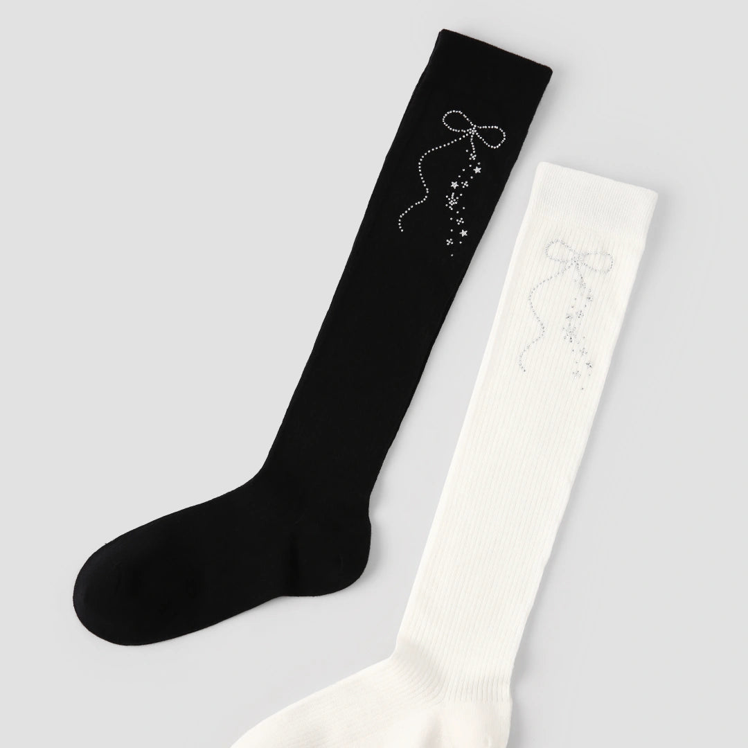Women's Sheer Diamante Bow Calf Socks - product photo showing seamless stretch comfort