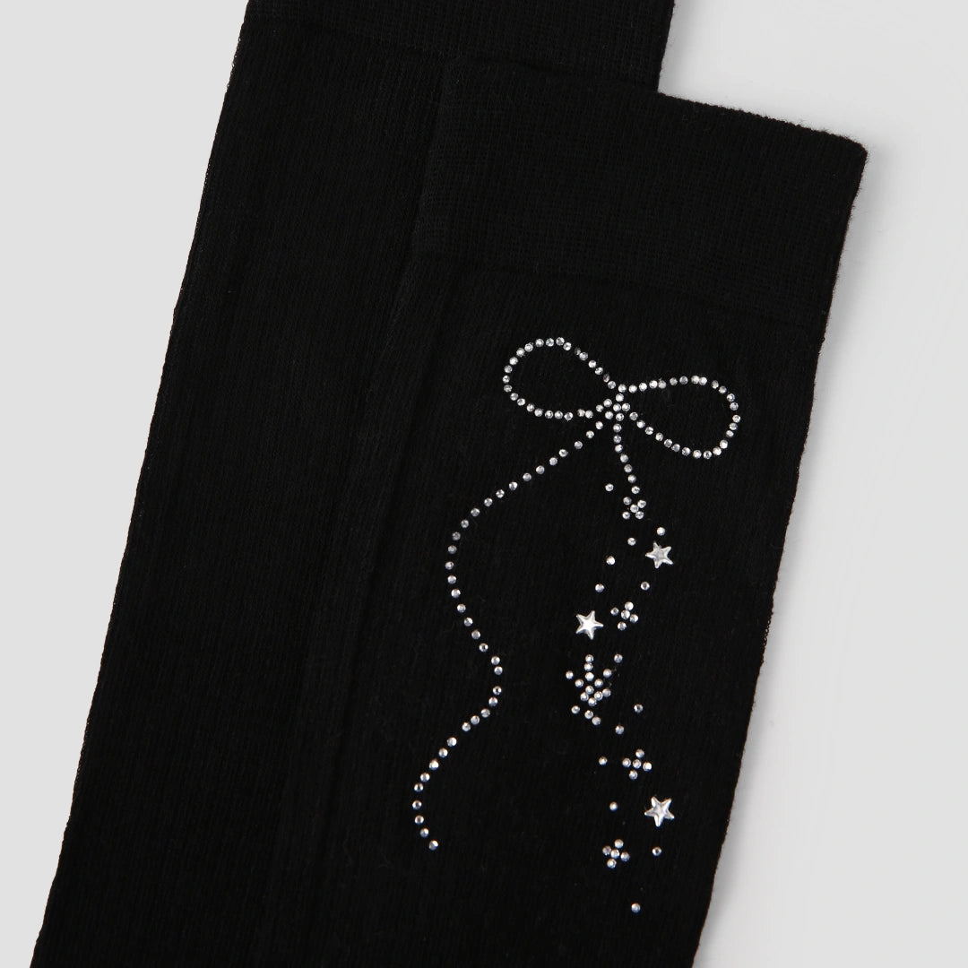 Women's Sheer Diamante Bow Calf Socks - product photo showing seamless stretch comfort