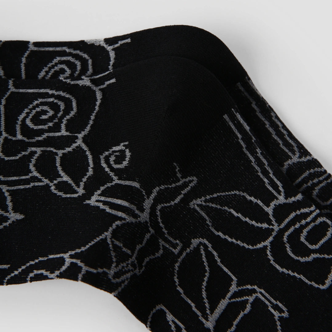 Women's Sheer Graphic Rose Calf Socks - product photo showing seamless stretch comfort