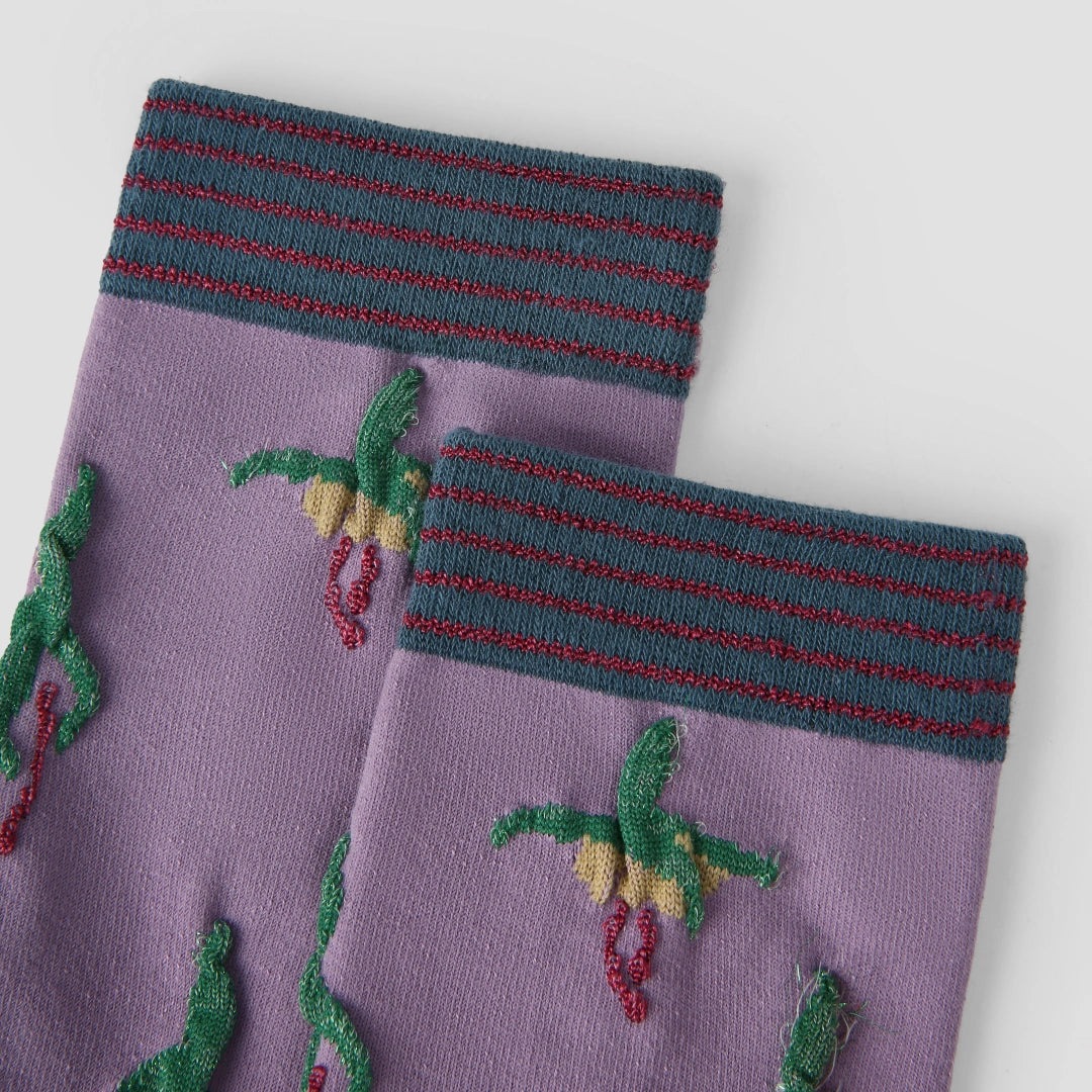 Women's Designer 3D Tufted Floral & Metallic Stripe Crew Socks (3-Pack)